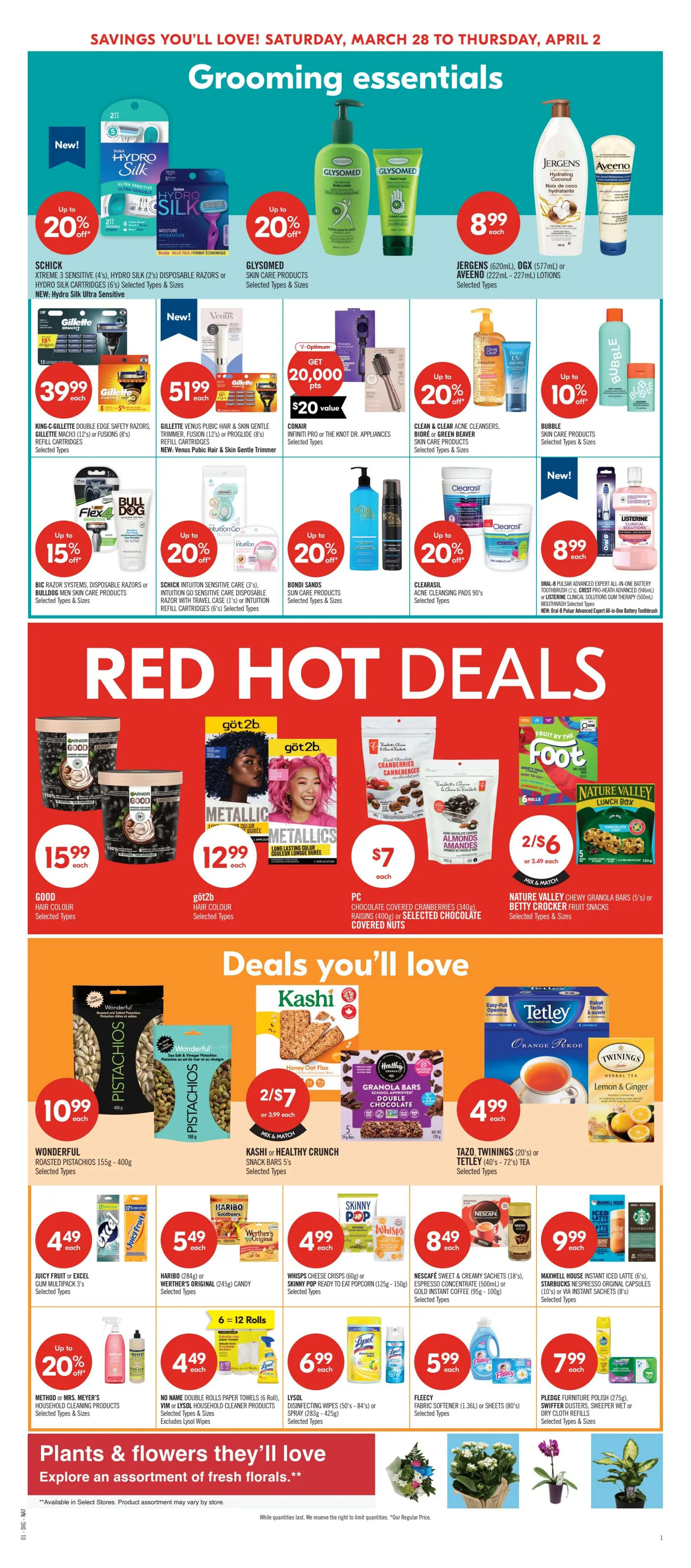 Shoppers Drug Mart Ontario flyer, page 10, featuring grooming essentials and hot deals. Grooming essentials include Schick Xtreme 3 disposable razors and Hydro Silk silk cartridges on sale for up to 20% off, Glysomed skin care products for up to 20% off, and Jergens, OGX, or Aveeno lotions for $8.99 each. Also featured are King C. Gillette double edge safety razors for $39.99 each, Gillette Venus pubic hair & skin gentle trimmer for $51.99 each, Conair Infiniti Pro or The Knot Dr. appliances with a 'Get 20,000 Optimum Points' offer ($20 value), and Clean & Clear acne cleansers, Biore or Green Beaver skin care products for up to 20% off. Bubble skin care products are 10% off. Additional grooming deals include Bic Razor systems, disposable razors or Bulldog men's skin care products for up to 15% off, Schick Intuition sensitive care disposable razor with travel case for up to 20% off, Bondi Sands sun care products for up to 20% off, and Clearasil cleansing pads for up to 20% off. Oral-B Pulsar advanced expert all-in-one battery toothbrush is $8.99 each. Hot Deals include Good hair colour for $15.99 each, got2b hair colour for $12.99 each, PC chocolate covered cranberries, raisins, or selected chocolate covered nuts for $7 each, and Nature Valley chewy granola bars or Betty Crocker fruit snacks for 2 for $6. Deals you'll love section features Wonderful roasted pistachios for $10.99 each, Kashi or Healthy Crunch snack bars for 2 for $7, and Tazo Twinings or Tetley tea for $4.99 each. Other deals include Juicy Fruit or Excel gum multipacks for $4.49 each, Haribo or Werther's Original candy for $5.49 each, Whisps cheese crisps or Skinny Pop ready to eat popcorn for $4.99 each, and Nescafé sweet & creamy sachets or espresso concentrate for $8.49 each. Maxwell House instant iced latte or Starbucks Nespresso original capsules are $9.99 each. Household deals include Method or Mrs. Meyer's household cleaning products for up to 20% off, No Name double roll paper towels for $4.49 (6 rolls), Lysol disinfecting wipes for $6.99 each, and Fleecy fabric softener for $5.99 each. Pledge furniture polish or Swiffer dusters, sweepers, wet or dry refills are $7.99 each. The flyer also highlights 'Plants & flowers they'll love' with an assortment of fresh florals available in select stores.