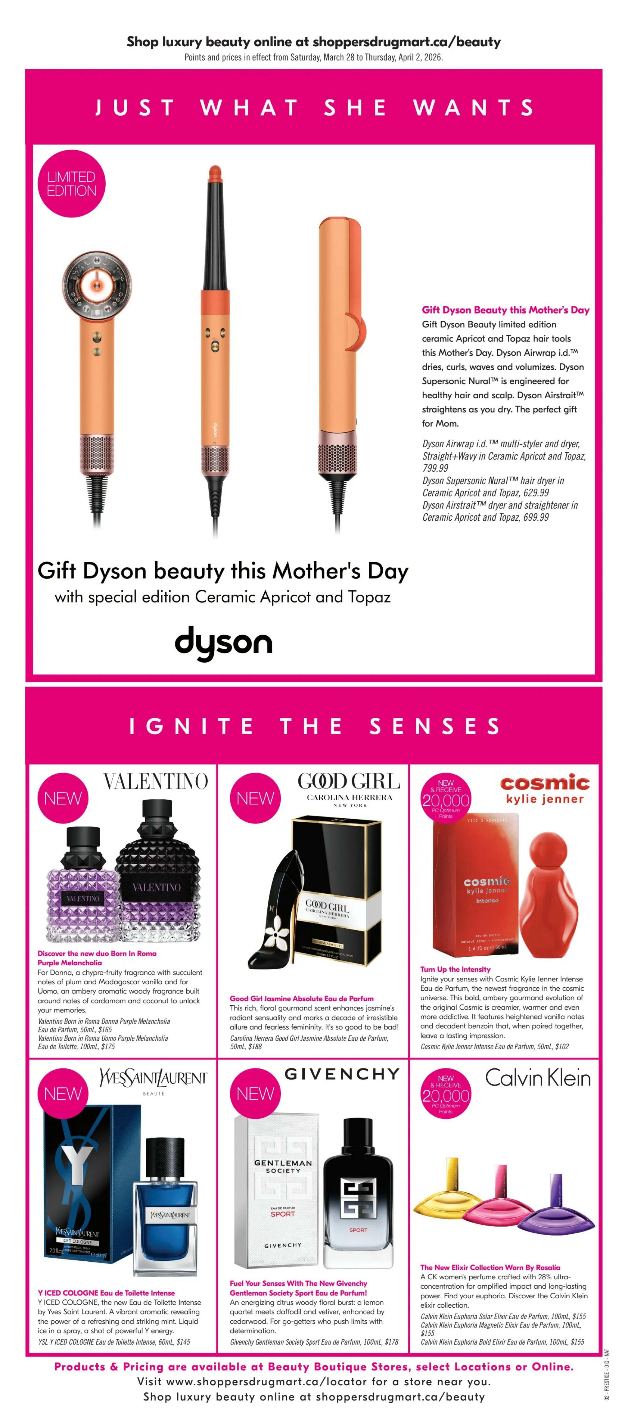 Shoppers Drug Mart flyer page featuring luxury beauty products. Top section showcases the limited edition Dyson beauty tools in Ceramic Apricot and Topaz: Dyson Airwrap i.d.™ multi-styler and dryer for $799.99, Dyson Supersonic Nural™ hair dryer for $629.99, and Dyson Airstrait™ dryer and straightener for $699.99. The lower section, titled 'Ignite the Senses', presents new fragrances: Valentino Born in Roma Donna Purple Melancholia Eau de Parfum, 50mL for $165, and Eau de Toilette, 100mL for $175. Carolina Herrera Good Girl Jasmine Absolute Eau de Parfum, 50mL for $188. Kylie Jenner Intense Eau de Parfum, 50mL for $102. Yves Saint Laurent Y ICED COLOGNE Eau de Toilette Intense, 100mL for $145. Givenchy Gentleman Society Sport Eau de Parfum, 100mL for $178. Calvin Klein The New Elixir Collection features Calvin Klein Euphoria Solar Elixir Eau de Parfum, 100mL for $155, and Calvin Klein Euphoria Magnetic Elixir Eau de Parfum, 100mL for $155. Products and pricing are available at Beauty Boutique stores and online at shoppersdrugmart.ca.