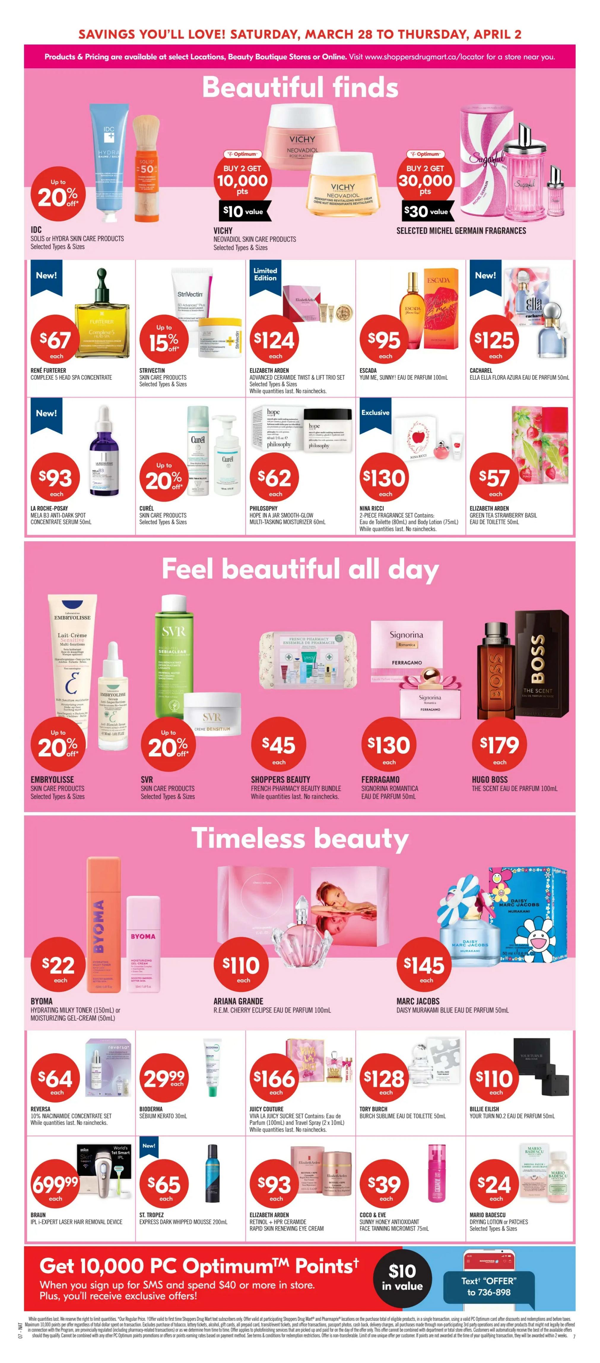 Shoppers Drug Mart flyer page 15 featuring beauty products. Offers include IDC Solis or Hydra skincare up to 20% off, Vichy Neovadiol skincare buy 2 get 10,000 Optimum points with $10 value, and selected Michel Germain fragrances buy 2 get 30,000 Optimum points with $30 value. Also featured are Rene Furterer Complexe 5 Head Spa Concentrate for $67, Strivectin skincare up to 15% off, Elizabeth Arden Advanced Ceramide Twist & Lift Trio Set for $124, Escada Yum Me, Sunny! Eau de Parfum 100mL for $95, and Cacharel Ella Ella Flora Azura Eau de Parfum 50mL for $125. Other deals include La Roche-Posay Mela B3 Anti-Dark Spot Concentrate Serum 50mL for $93, Curél skincare products up to 20% off, Philosophy Hope in a Jar Smooth-Glow Multi-Tasking Moisturizer 60mL for $62, Nina Ricci 2-Piece Fragrance Set for $130, and Elizabeth Arden Green Tea Strawberry Basil Eau de Toilette 50mL for $57. In the 'Feel beautiful all day' section, find Embryolisse skincare products up to 20% off, SVR skincare products up to 20% off, Shoppers Beauty French Pharmacy Beauty Bundle for $45, Ferragamo Signorina Romantica Eau de Parfum 50mL for $130, and Hugo Boss The Scent Eau de Parfum 100mL for $179. The 'Timeless beauty' section showcases Byoma Hydrating Milky Toner or Moisturizing Gel-Cream for $22, Ariana Grande R.E.M. Cherry Eclipse Eau de Parfum 100mL for $110, and Marc Jacobs Daisy Murakami Blue Eau de Parfum 50mL for $145. Additional items include Reversa 10% Niacinamide Concentrate Set for $64, Bioderma Sebium Kerato 30mL for $29.99, Juicy Couture Viva La Juicy Sucre Set for $166, Tory Burch Burch Sublime Eau de Toilette 50mL for $128, and Billie Eilish Your Turn No.2 Eau de Parfum 50mL for $110. Also available are Braun IPL-Expert Laser Hair Removal Device for $699.99, St. Tropez Express Dark Whipped Mousse for $65, Elizabeth Arden Retinol + HPR Ceramide Rapid Skin Renewing Eye Cream for $93, Coco & Eve Sunny Honey Antioxidant Face Tanning Micromist 75mL for $39, and Mario Badescu Drying Lotion or Patches for $24. The page also promotes a Get 10,000 PC Optimum Points offer when you sign up for SMS and spend $40 or more.