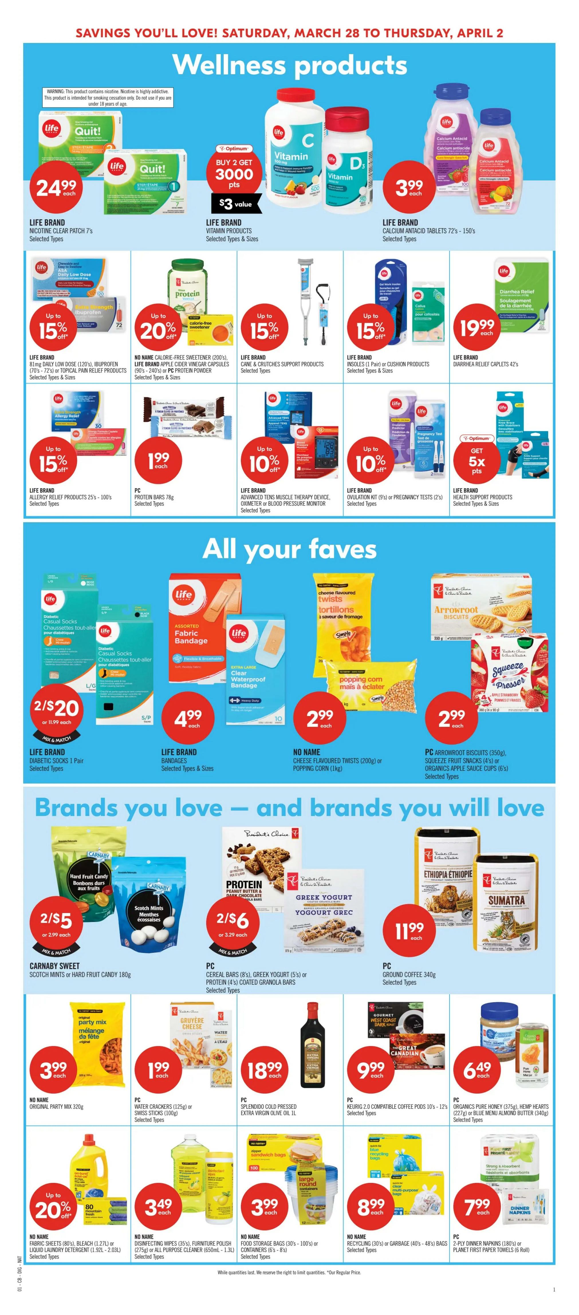 Shoppers Drug Mart flyer page 16 featuring Wellness Products and All Your Faves. Wellness products include LIFE BRAND Nicotine Clear Patch 7's for $24.99, LIFE BRAND Vitamin Products with Buy 2 Get 3000 Optimum Points ($3 value), LIFE BRAND Calcium Antacid Tablets 72's - 150's for $3.99 each. Also featured are LIFE BRAND 81mg Daily Low Dose Ibuprofen (70's-72's) or Topical Pain Relief Products up to 15% off, NO NAME Calorie-Free Sweetener (200's), LIFE BRAND Apple Cider Vinegar Capsules (90's-240's) or PC Protein Powder, LIFE BRAND Cane & Crutches Support Products up to 15% off, LIFE BRAND Insoles (1 Pair) or Cushion Products up to 15% off, and LIFE BRAND Diarrhea Relief Caplets 42's for $19.99. Additional wellness items include LIFE BRAND Allergy Relief Products 25's - 100's up to 15% off, PC Protein Bars 78g for $1.99 each, LIFE BRAND Advanced TENS Muscle Therapy Device, Oximeter or Blood Pressure Monitor 10% off, LIFE BRAND Ovulation Kit (9's) or Pregnancy Tests (2's) 10% off, and LIFE BRAND Health Support Products with Get 5x Optimum Points. All Your Faves section includes LIFE BRAND Diabetic Socks 1 Pair for 2/$20, LIFE BRAND Bandages for $4.99 each, NO NAME Cheese Flavoured Twists (200g) or Popping Corn (1kg) for $2.99 each, and PC Arrowroot Biscuits (350g), Squeeze Fruit Snacks (4's) or Organics Apple Sauce Cups (6's) for $2.99 each. Brands You Love section features CARNABY SWEET Scotch Mints or Hard Fruit Candy 180g for 2/$5, PC Cereal Bars (8's), Greek Yogurt (5's) or Protein (4's) Coated Granola Bars for 2/$6, and PC Ground Coffee 340g for $11.99 each. Other featured items are NO NAME Original Party Mix 320g for $3.99 each, PC Water Crackers (125g) or Swiss Sticks (100g) for $1.99 each, PC Splendido Cold Pressed Extra-Virgin Olive Oil 1L for $18.99, PC Keurig 2.0 Compatible Coffee Pods 10's - 12's for $9.99, PC Organics Pure Honey (375g), Hemp Hearts (227g) or Blue Menu Almond Butter (340g) for $6.49 each. Finally, NO NAME Fabric Sheets (80's), Bleach (1.27L) or Laundry Detergent (1.5L - 2.03L) up to 20% off, NO NAME Disinfecting Wipes (35's) or Furniture Polish (all purpose cleaner 650ml - 1.3L) for $3.49 each, NO NAME Food Storage Bags (30's - 100's) or Containers (6's - 8's) for $3.99 each, and NO NAME Recycling (30's) or Garbage (40's - 48's) Bags for $8.99 each, and PC 2-Ply Dinner Napkins (180's) or Planet First Paper Towels (6 Roll) for $7.99 each.