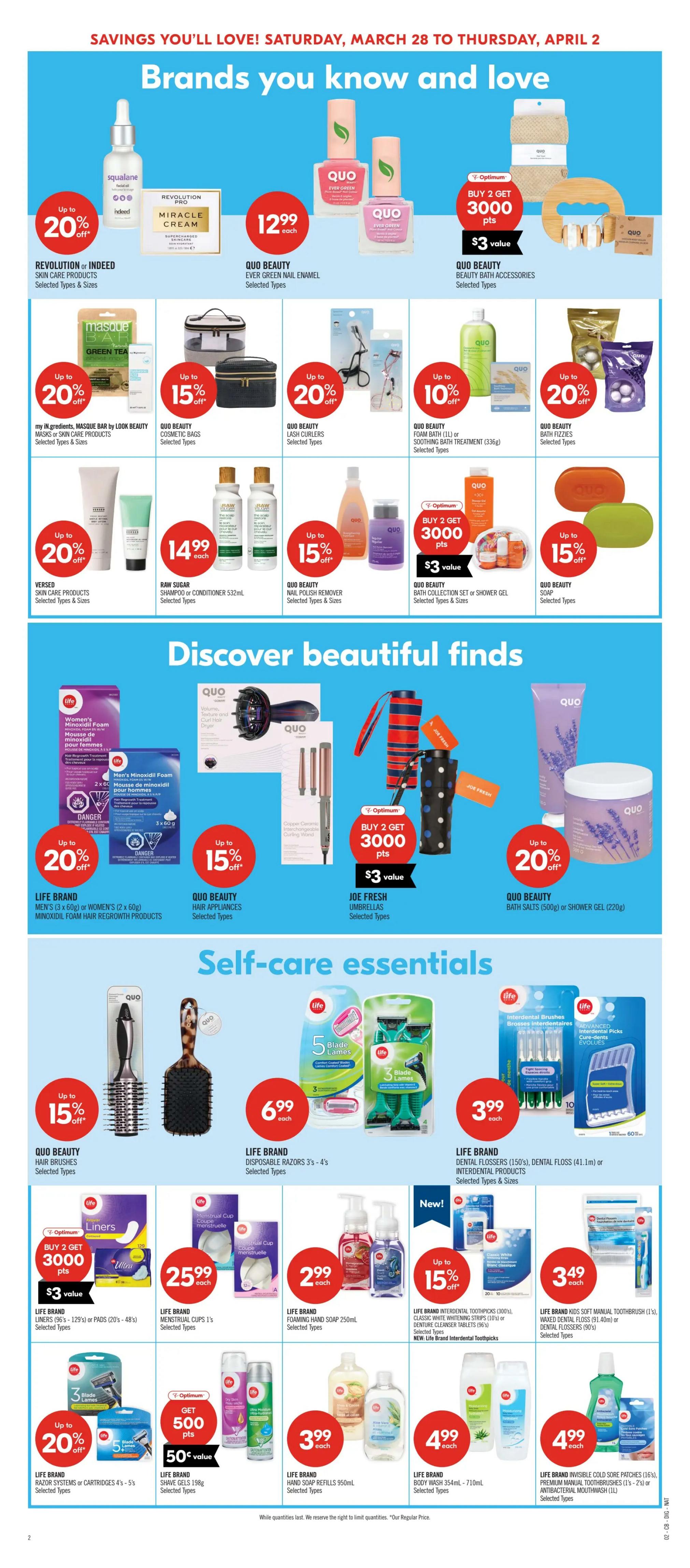Shoppers Drug Mart flyer page 17 featuring 'Brands you know and love' and 'Discover beautiful finds' sections. Top section includes Revolution or Indeed skin care products with up to 20% off, Quo Beauty Ever Green nail enamel for $12.99 each, and Quo Beauty bath accessories with a Buy 2 Get 3000 Optimum points offer ($3 value). Also featured are my ik.gradients, Masque Bar by Look Beauty masks or skin care products with up to 20% off, Quo Beauty cosmetic bags with up to 15% off, Quo Beauty lash curlers with up to 20% off, and Quo Beauty foam bath or soothing bath treatment with up to 10% off. Versed skin care products are up to 20% off. Raw Sugar shampoo or conditioner 532mL is $14.99 each. Quo Beauty nail polish remover is up to 15% off. Quo Beauty bath collection or shower gel is Buy 2 Get 3000 Optimum points ($3 value). Quo Beauty soap is up to 15% off. The 'Discover beautiful finds' section highlights Life Brand Women's or Men's minoxidil foam regrowth products with up to 20% off. Quo Beauty hair appliances are up to 15% off. Joe Fresh umbrellas are Buy 2 Get 3000 Optimum points ($3 value). Quo Beauty bath salts or shower gel (220g) is up to 20% off. The 'Self-care essentials' section includes Life Brand disposable razors (3's-4's) for $6.99 each. Life Brand dental flossers, dental floss, or interdental products are $3.99 each. Life Brand liners or pads are Buy 2 Get 3000 Optimum points ($3 value). Life Brand menstrual cups are $25.99 each. Life Brand foaming hand soap is $2.99 each. New Life Brand interdental toothpicks, classic white whitening strips, or denture cleanser tablets are up to 15% off. Life Brand kids soft manual toothbrush, waxed dental floss, or mouthwash are $3.49 each. Life Brand razor systems or cartridges are up to 20% off. Life Brand shave gels are Get 500 Optimum points (50¢ value). Life Brand hand soap refills are $3.99 each. Life Brand body wash is $4.99 each. Life Brand invisible cold sore patches, premium manual toothbrushes, or antiseptic mouthwash are $4.99 each.