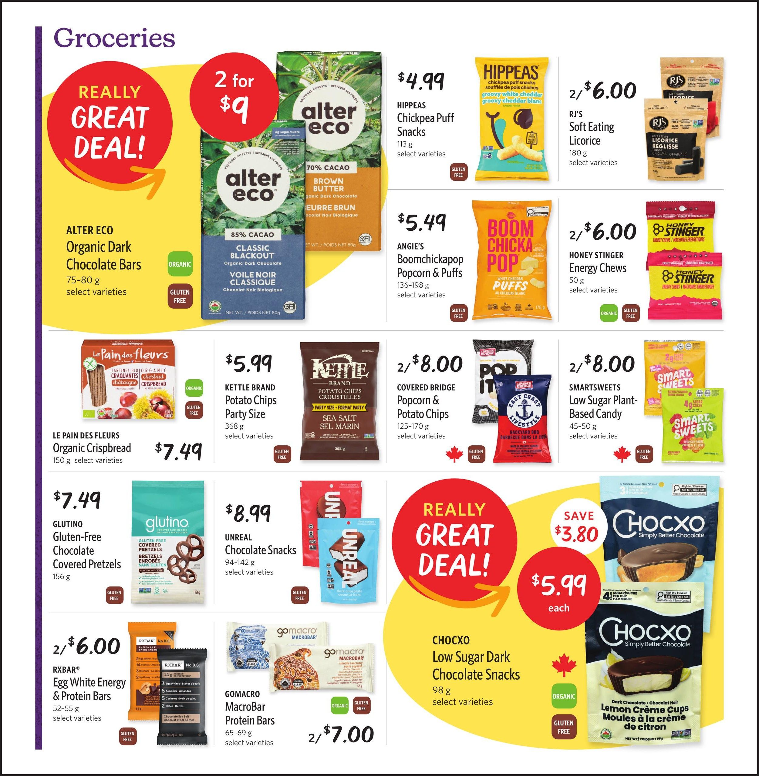 Nature's Fare Markets flyer specials page 3 features a variety of grocery items. Highlighted are Alter Eco Organic Dark Chocolate Bars, 2 for $9. Hippeas Chickpea Puff Snacks are $4.99. Angie's Boomchickapop Popcorn & Puffs are $5.49. RJ's Soft Eating Licorice is 2 for $6.00. Honey Stinger Energy Chews are 2 for $6.00. Le Pain des Fleurs Organic Crispbread is $7.49. Kettle Brand Potato Chips Party Size are $5.99. Covered Bridge Popcorn & Potato Chips are 2 for $8.00. SmartSweets Low Sugar Plant-Based Candy is 2 for $8.00. Glutino Gluten-Free Chocolate Covered Pretzels are $7.49. Unreal Chocolate Snacks are $8.99. RXBAR Egg White Energy & Protein Bars are 2 for $6.00. Gomacro MacroBar Protein Bars are 2 for $7.00. Chocxo Low Sugar Dark Chocolate Snacks are $5.99 each, with a save of $3.80. Also featured are Chocxo Lemon Crème Cups.
