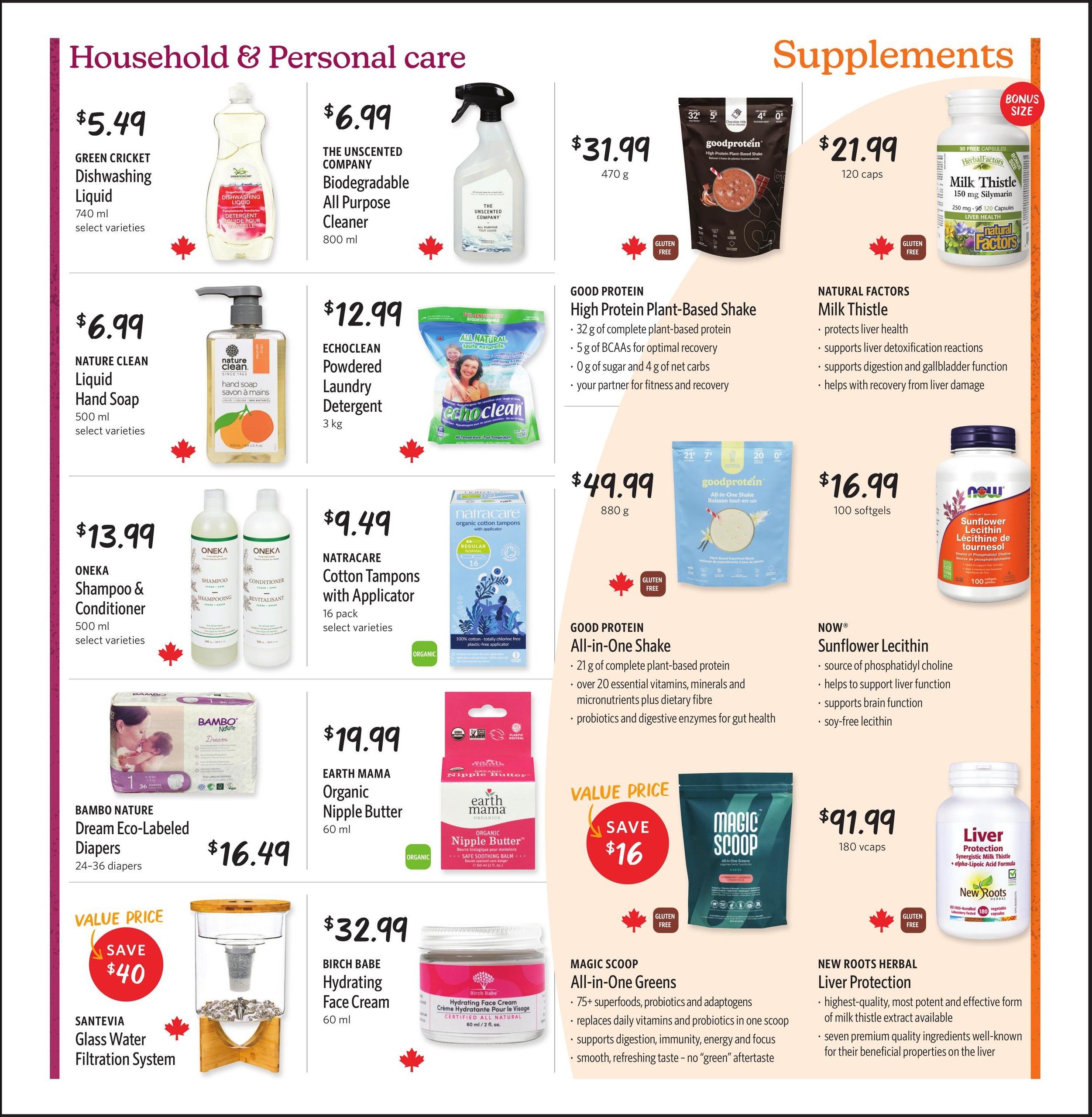 Nature's Fare Markets flyer page 8 features Household & Personal Care and Supplements. Household & Personal Care items include Green Cricket Dishwashing Liquid for $5.49, The Unscented Company Biodegradable All Purpose Cleaner for $6.99, Nature Clean Liquid Hand Soap for $6.99, Echoclean Powdered Laundry Detergent for $12.99, Oneka Shampoo & Conditioner for $13.99, Natracare Cotton Tampons with Applicator (16 pack) for $9.49, Bambu Nature Dream Eco-Labeled Diapers (24-36 diapers) for $16.49, Earth Mama Organic Nipple Butter for $19.99, Santévia Glass Water Filtration System with a value price saving $40, and Birch Babe Hydrating Face Cream for $32.99. Supplements include Good Protein High Protein Plant-Based Shake for $31.99, Good Protein All-in-One Shake for $49.99, Natural Factors Milk Thistle (120 caps) for $21.99 (bonus size), Now Sunflower Lecithin (100 softgels) for $16.99, Magic Scoop All-in-One Greens with a value price saving $16, and New Roots Herbal Liver Protection (180 vcaps) for $91.99.