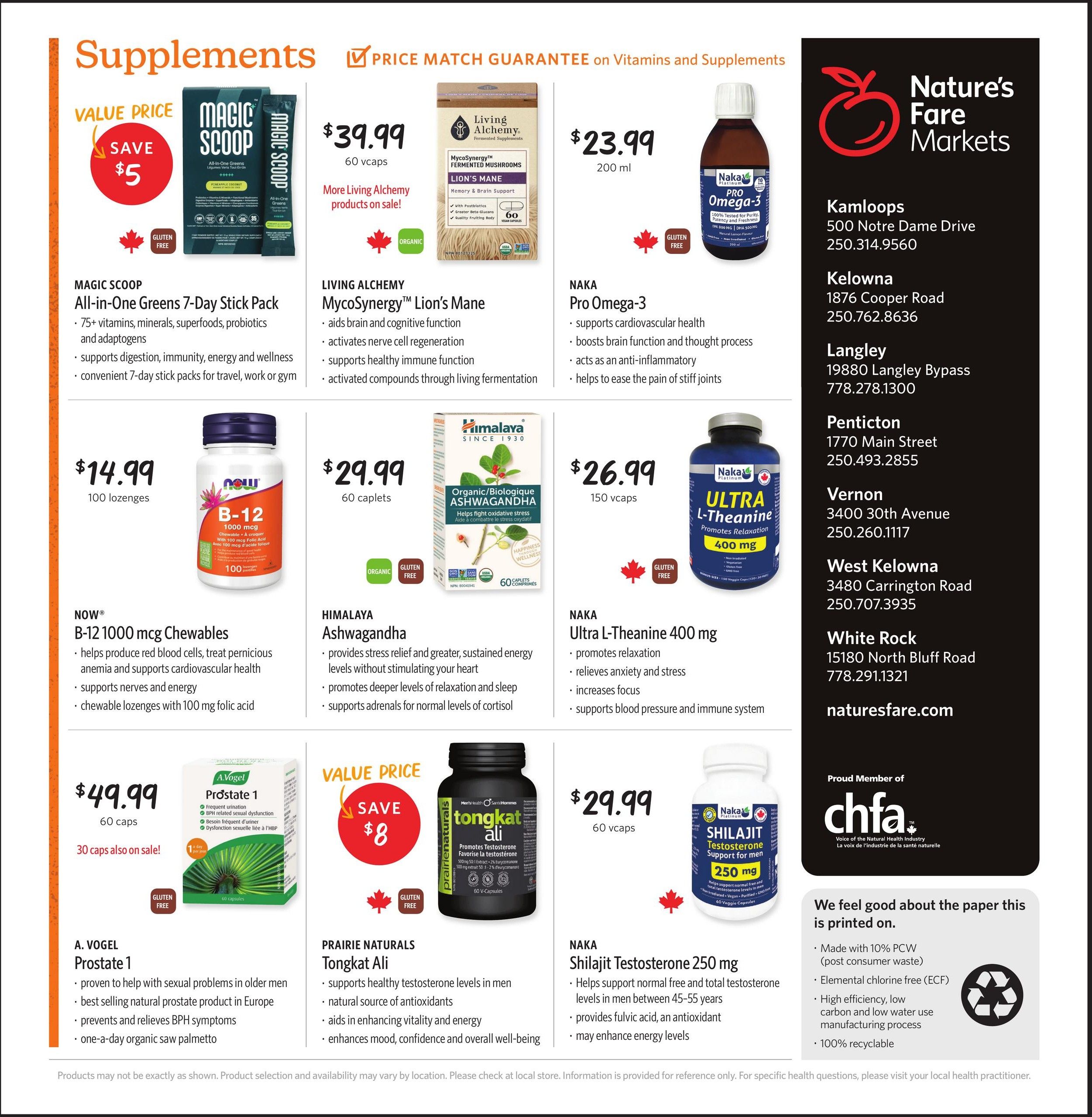 Nature's Fare Markets flyer specials page 12 features a variety of supplements. Save $5 on Magic Scoop All-In-One Greens 7-Day Stick Pack, priced at $39.99. Living Alchemy MycoSynergy Lion's Mane 60 vcaps are on sale for $39.99, supporting brain and cognitive function. Naka Pro Omega-3 200 ml is available for $23.99, promoting cardiovascular health. Now B-12 1000 mcg Chewables (100 lozenges) are $14.99, aiding red blood cell production. Himalaya Ashwagandha 60 caplets are $29.99, offering stress relief. Naka Ultra L-Theanine 400 mg 150 vcaps are $26.99, promoting relaxation. A. Vogel Prostate 1 60 caps are $49.99, with 30 caps also on sale, supporting prostate health. Prairie Naturals Tongkat Ali 60 vcaps have a value price saving $8, priced at $29.99, supporting testosterone levels. Naka Shilajit Testosterone 250 mg 60 veggie capsules are $29.99, supporting testosterone for men aged 45-55. The page also lists Nature's Fare Markets store locations in Kamloops, Kelowna, Langley, Penticton, Vernon, West Kelowna, and White Rock, along with their contact information and website naturesfare.com. The flyer is printed on 10% PCW recycled paper, is elemental chlorine free, and uses a low carbon and water use manufacturing process.
