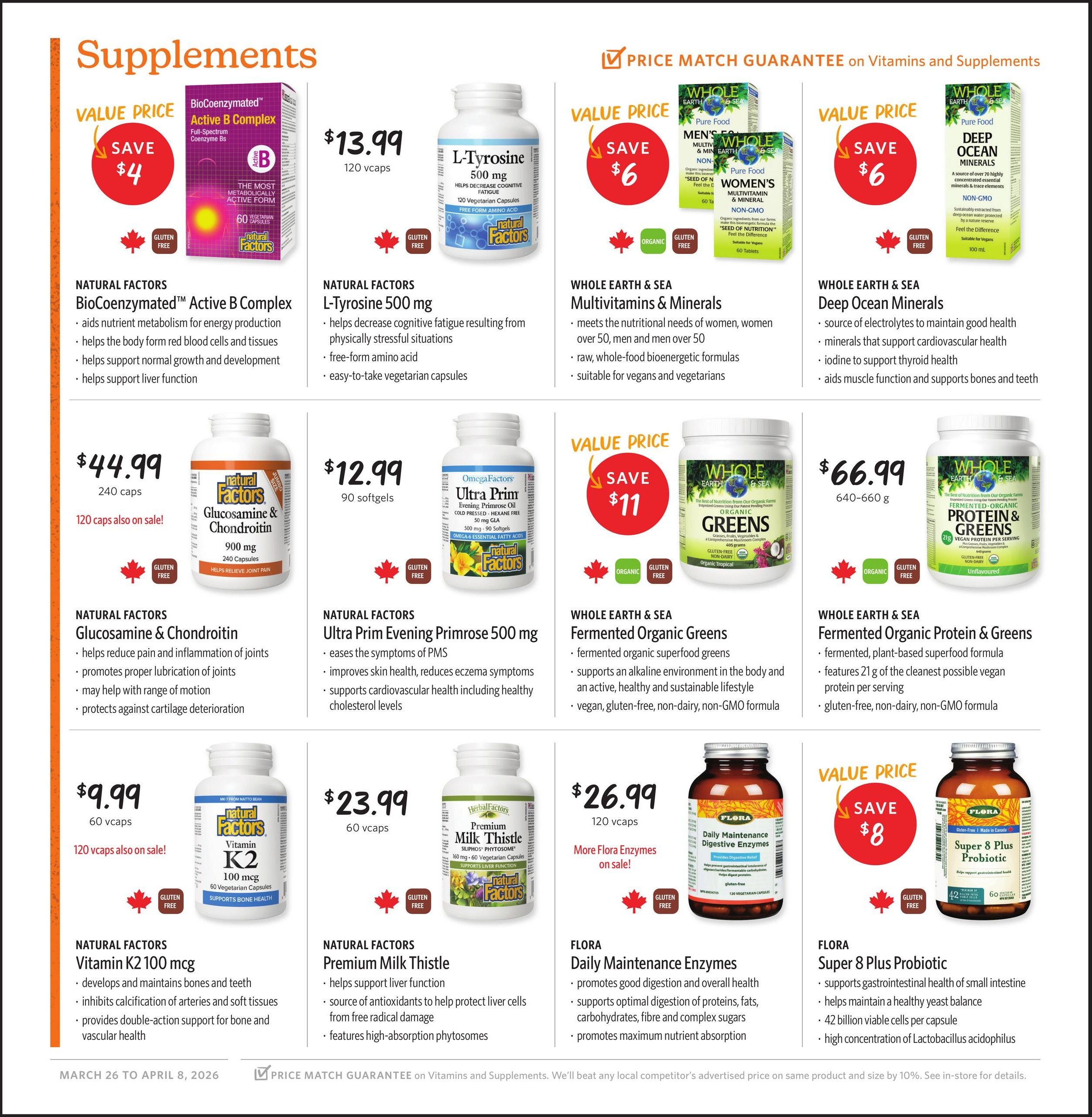 Nature's Fare Markets flyer page 20 features a variety of supplements. Natural Factors BioCoenzymated Active B Complex is on sale for $13.99, save $4. Natural Factors L-Tyrosine 500 mg is $13.99. Whole Earth & Sea Men's and Women's Multivitamins & Minerals are on sale for $6 off. Whole Earth & Sea Deep Ocean Minerals are on sale for $6 off. Natural Factors Glucosamine & Chondroitin 900 mg (240 caps) is $44.99, with 120 caps also on sale. Natural Factors Ultra Prim Evening Primrose 500 mg is $12.99. Whole Earth & Sea Fermented Organic Greens are on sale for $11 off. Whole Earth & Sea Fermented Organic Protein & Greens is $66.99. Natural Factors Vitamin K2 100 mcg (60 vcaps) is $9.99, with 120 vcaps also on sale. Natural Factors Premium Milk Thistle is $23.99. Flora Daily Maintenance Enzymes are $26.99, with more Flora Enzymes on sale. Flora Super 8 Plus Probiotic is on sale for $8 off. The flyer is valid from March 26 to April 8, 2026, and includes a price match guarantee on vitamins and supplements.