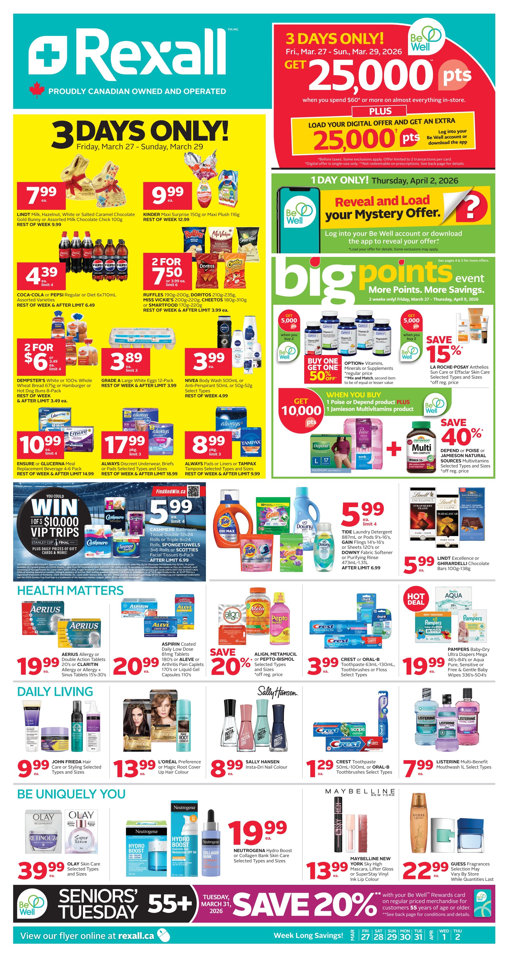 Rexall logo with a Canadian maple leaf and the text 'PROUDLY CANADIAN OWNED AND OPERATED'. Also features '120 Years of CARING for Canada's Health'.