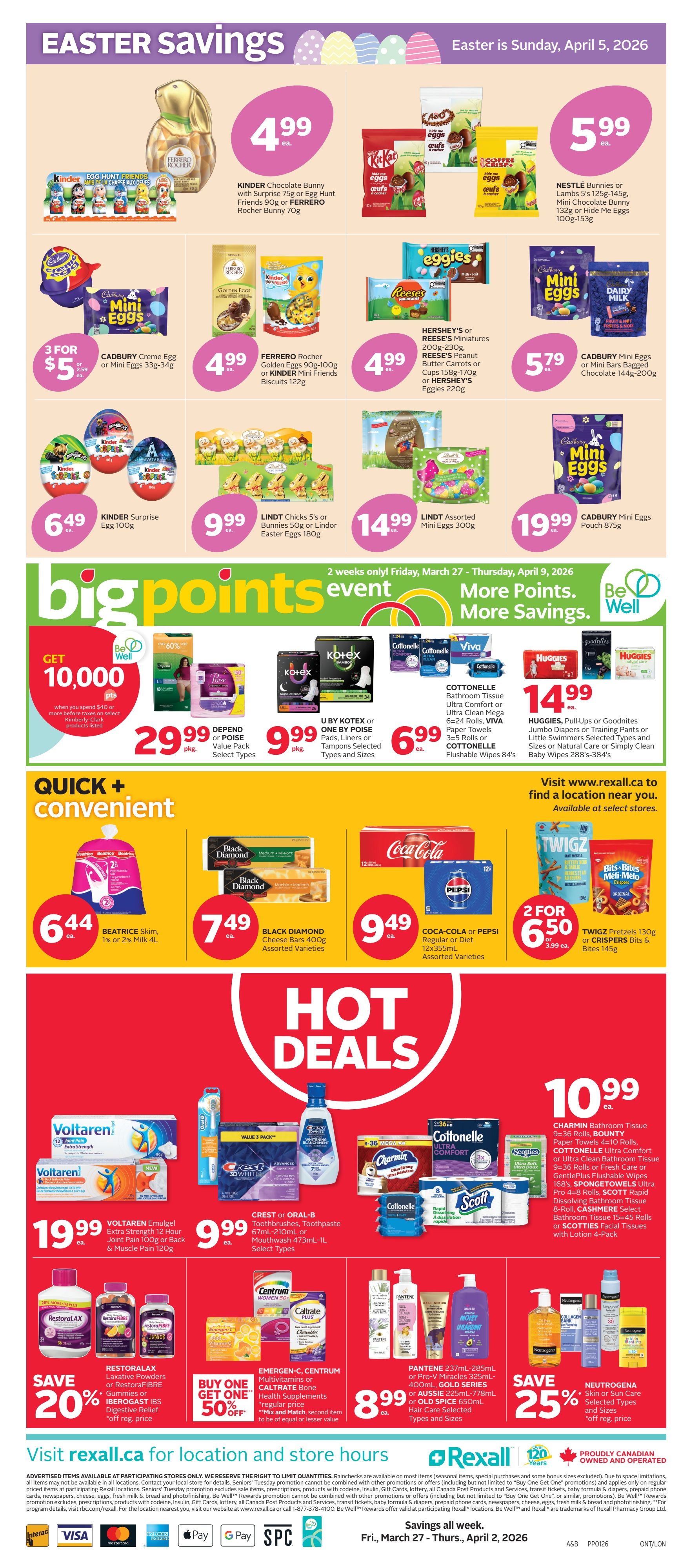 Rexall flyer page 3 featuring Easter Savings and Hot Deals. Easter Savings include Kinder Chocolate Bunny or Egg Hunt Friends for $4.99, Cadbury Creme Egg or Mini Eggs 3 for $5, Ferrero Rocher Golden Eggs or Kinder Mini Friends Biscuits for $4.99, Hershey's Mini Eggs or Reese's Mini Eggs for $4.99, Nestlé Easter Chocolate or Cadbury Mini Eggs for $5.99, Kinder Surprise Egg for $6.49, Lindt Chicks or Bunnies for $9.99, and Lindt Assorted Mini Eggs for $14.99. The Big Points Event offers 10,000 Be Well points when you spend $40 or more on select Kimberly-Clark products, plus Depend or Poise Value Pack for $29.99, U by Kotex or One by Poise Pads, Liners or Tampons for $9.99, and Cottonelle Flushable Wipes for $6.99. Quick + Convenient deals include Beatrice Milk for $6.44, Black Diamond Cheese Bars for $7.49, Coca-Cola or Pepsi 12x355mL for $9.49, and Twigz Pretzels for 2 for $6.50. Hot Deals feature Voltaren Emulgel or Extra Strength for $19.99, Crest or Oral-B Toothpaste or Mouthwash for $9.99, and Charmin Bathroom Tissue, Cottonelle Ultra Comfort or Scotties Facial Tissues starting at $10.99. Additional offers include Centrum Multivitamins or Caltrate Bone Health Supplements for $8.99, Pantene Pro-V or Aussie Hair Care for $8.99, and Neutrogena Skin or Sun Care for 25% off. The flyer is valid from March 27 to April 2, 2026.
