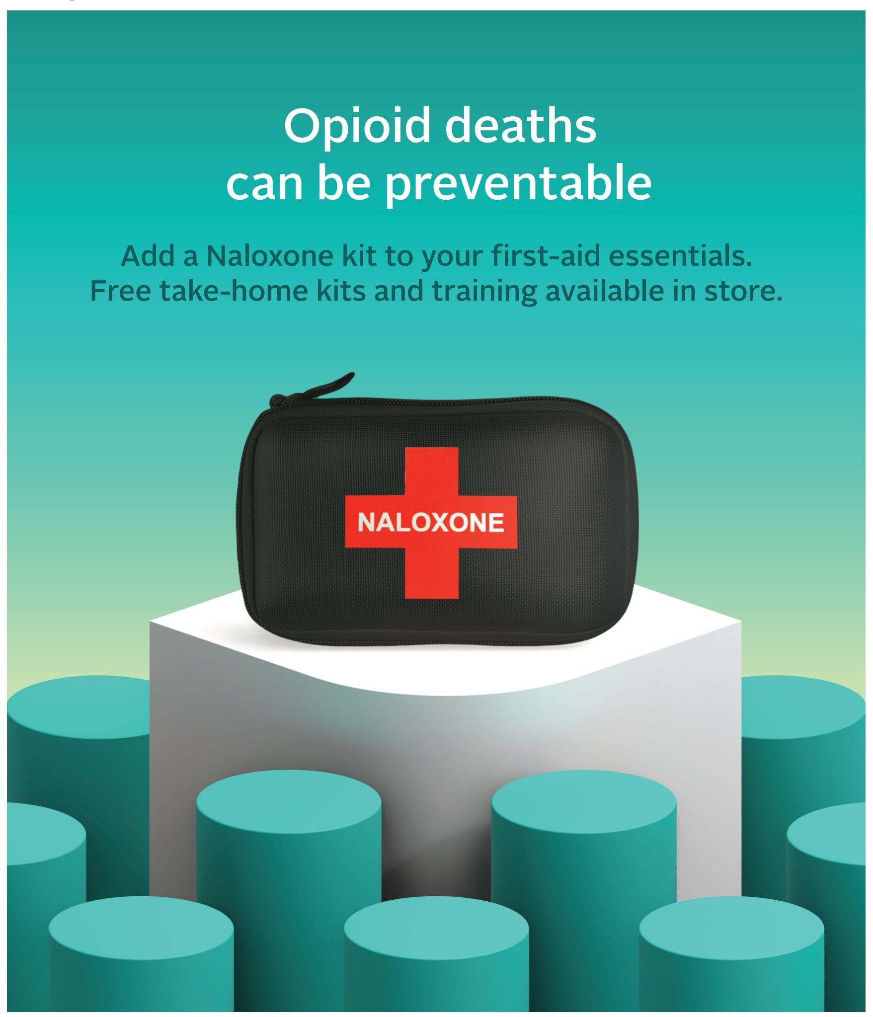 Rexall flyer page 7: Opioid deaths can be preventable. Add a Naloxone kit to your first-aid essentials. Free take-home kits and training available in store. Image shows a black case with a red cross and the word NALOXONE on it, displayed on a white pedestal surrounded by teal cylinders.