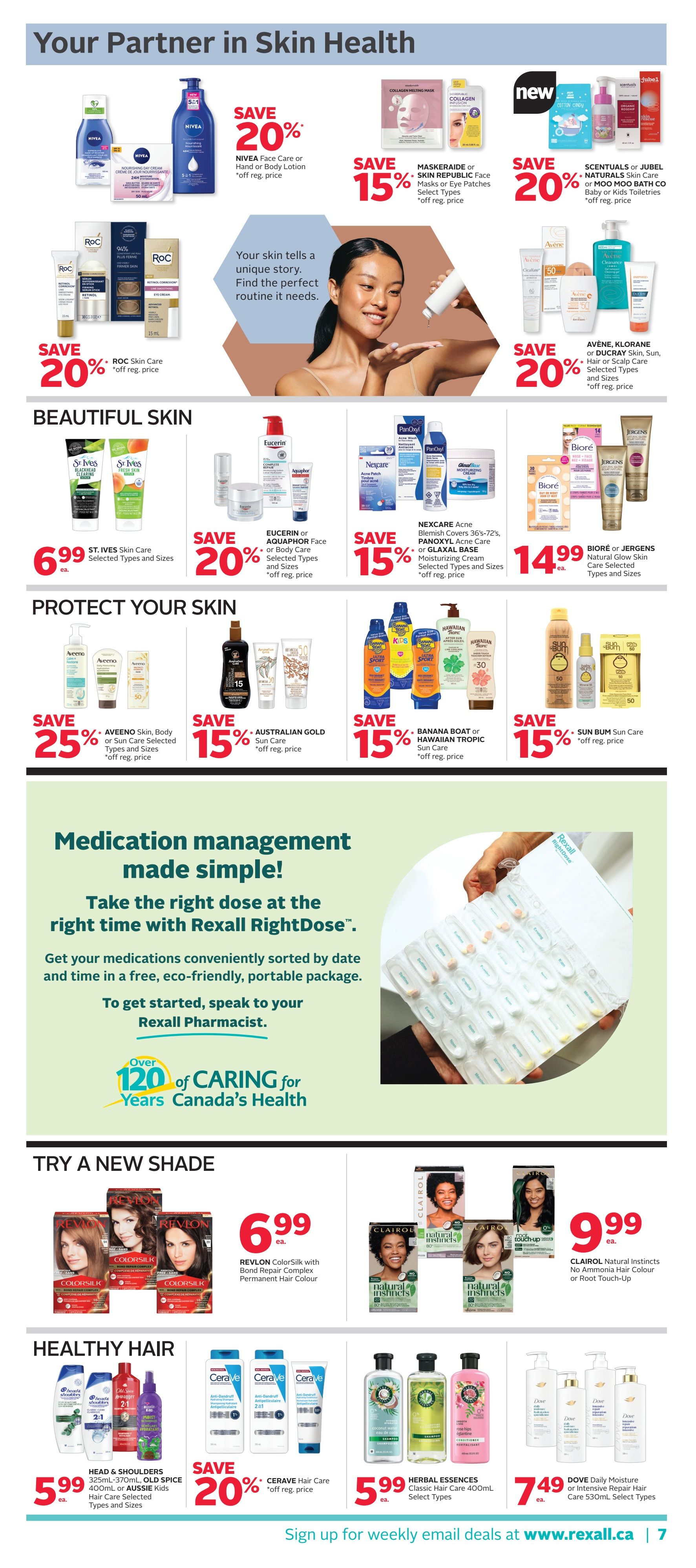 Rexall flyer page 13 featuring 'Your Partner in Skin Health'. Save 20% on NIVEA Face Care or Hand or Body Lotion. Save 15% on MaskerAide Face Masks or Eye Patches. Save 20% on Scentuals or Jubel Naturals Skin Care or Baby or Kids Toiletries. Save 20% on ROC Skin Care. Save 20% on Aveeno Skin, Body or Sun Care. Save 15% on Eucerin or Aquaphor Face or Body Care. Save 15% on Nexcare Acne, Blemish Covers, Panoxyl, or Glaxal Base Moisturizing Cream. Save 15% on Australian Gold Sun Care. Save 15% on Banana Boat or Hawaiian Tropic Sun Care. Save 15% on Sun Bum Sun Care. Biore or Jergens Natural Glow Skin Care is $14.99 each. Featured is 'Beautiful Skin' with St. Ives Skin Care for $6.99 each. 'Protect Your Skin' section highlights various sun care products. The page also promotes Rexall RightDose for medication management. 'Try a New Shade' section includes Revlon ColorSilk with Bond Repair Complex Permanent Hair Colour for $6.99 each and Clairol Natural Instincts No Ammonia Hair Colour or Root Touch-Up for $9.99 each. 'Healthy Hair' section offers Head & Shoulders 325mL-370mL, Old Spice 400mL, or Aussie Kids Hair Care for $5.99 each. Save 20% on CeraVe Hair Care. Herbal Essences Classic Hair Care 400mL is $5.99 each. Dove Daily Moisture or Intensive Repair Hair Care 530mL is $7.49 each. Sign up for weekly email deals at Rexall.ca.