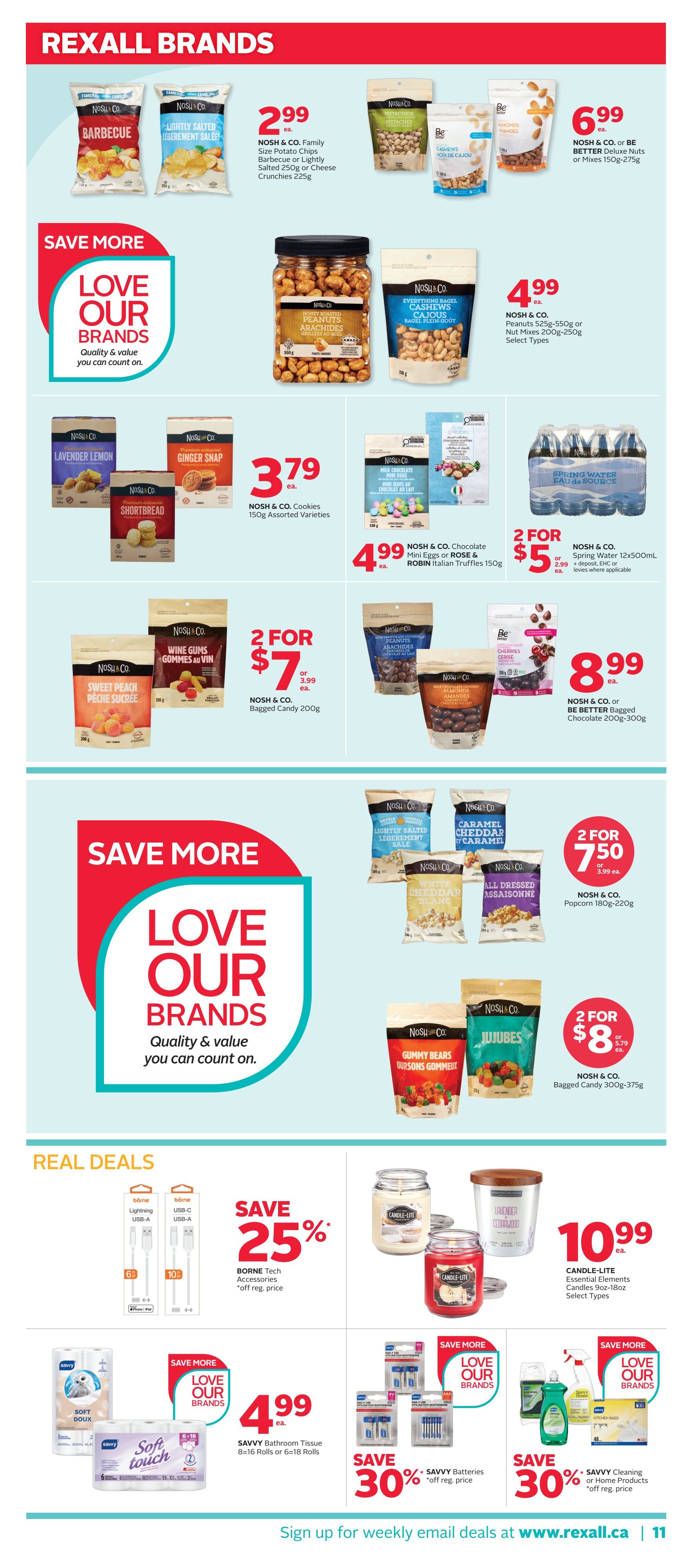 Rexall Brands page featuring various Nosh & Co. products. Deals include Nosh & Co. Family Size Potato Chips in Barbecue or Lightly Salted for $2.99, Nosh & Co. or BE BETTER Deluxe Nuts or Mixes for $6.99, Nosh & Co. Honey Roasted Peanuts for $4.99, and Nosh & Co. Everything Bagel Cashews for $4.99. Also featured are Nosh & Co. Cookies in assorted varieties for $3.79, Nosh & Co. Chocolate Mini Eggs or Robin Italian Truffles for $4.99, and Nosh & Co. Spring Water 12x500mL for 2 for $5.00. Save More section highlights Nosh & Co. Popcorn for 2 for $7.50 and Nosh & Co. Bagged Candy for 2 for $8.00. Real Deals include Borne Tech Accessories with 25% off, Candle-Lite Essential Elements Candles for $10.99, Savvy Bathroom Tissue 8 or 18 rolls for $4.99, Savvy Batteries with 30% off, and Savvy Cleaning or Home Products with 30% off. The page also includes a call to action to sign up for weekly email deals at www.rexall.ca.