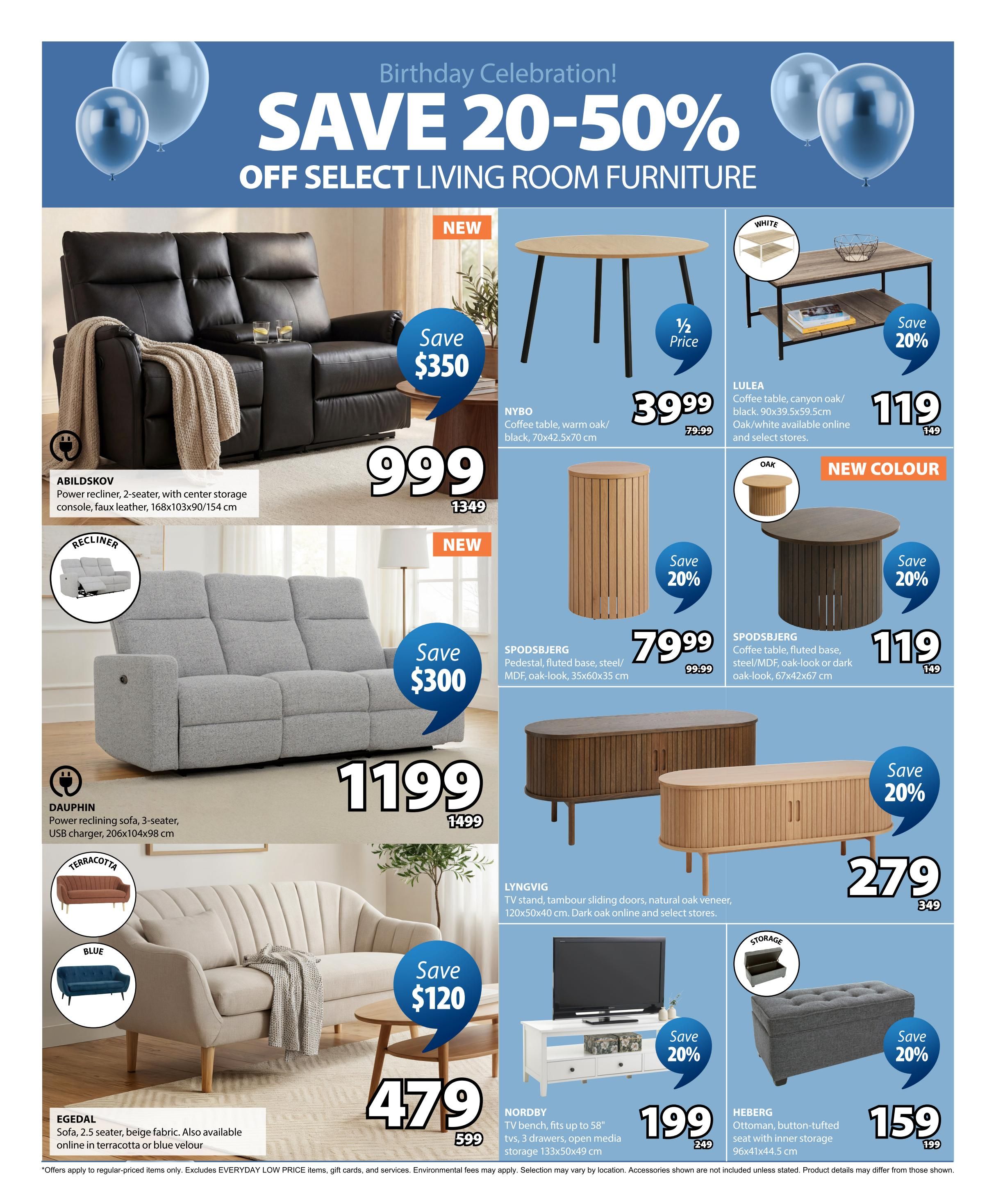 Jysk flyer page 5: Birthday Celebration! Save 20-50% off select living room furniture. Featured items include the ABILDSKOV 2-seater power recliner in faux leather for $999 (save $350), and the DAUPHIN 3-seater power reclining sofa for $1199 (save $300). Also available is the EGEDAL 2.5-seater sofa in beige fabric for $479 (save $120), with terracotta and blue velour options online. On the right side, find the NYBO coffee table in warm oak/black for $39.99 (half price), and the LULEA coffee table in canyon oak/black for $119 (save 20%). New colour options for the SPODSBJERG pedestal base in oak are $79.99 (save 20%), and the SPODSBJERG coffee table in oak is $119 (save 20%). The LYNGVIG TV stand with tambour sliding doors in natural oak veneer is $279 (save 20%). The NORDBY TV bench fits up to 58' TVs and offers open media storage for $199 (save 20%). Finally, the HEBERG button-tufted ottoman with storage is $159 (save 20%).