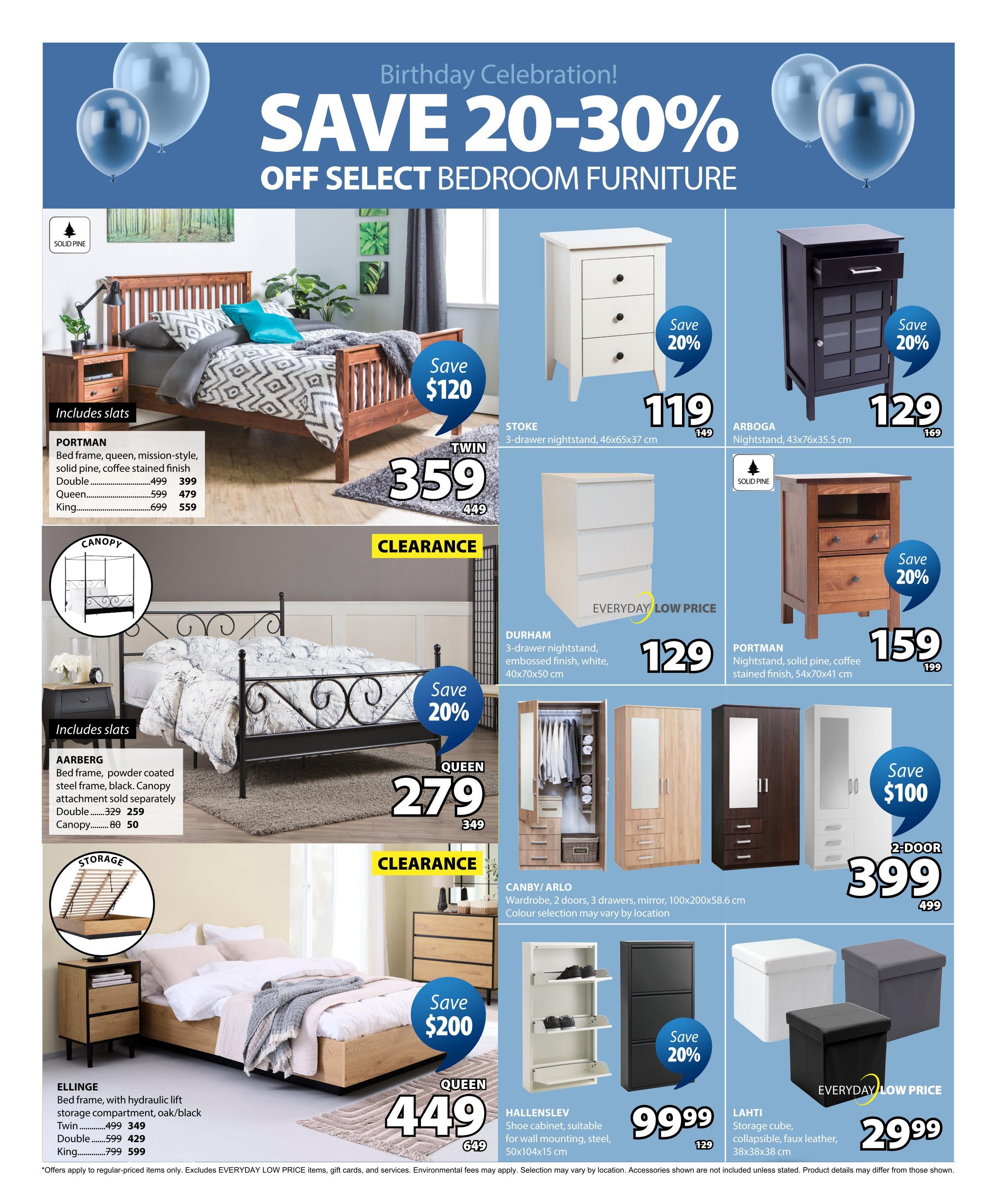 Jysk flyer page 7 features a Birthday Celebration sale with 20-30% off select bedroom furniture. Featured items include the PORTMAN bed frame in queen size for $359 (save $120), and AARBERG bed frame in double size for $259. Also available is the ELLINAGE bed frame with hydraulic lift storage in queen size for $449 (save $200). Nightstands on sale include the STOKE 3-drawer nightstand for $119, ARBOGA nightstand for $129, DURHAM 3-drawer nightstand for $129, and PORTMAN solid pine nightstand for $159. Wardrobes are featured, including the CANBY/ARLO 2-door, 3-drawer mirror wardrobe for $399 (save $100). Storage solutions include the HALLENSLEV shoe cabinet for $99.99 (save 20%) and LAHTI storage cubes for $29.99. Prices exclude regular-priced items, gift cards, and services. Environmental fees may apply.