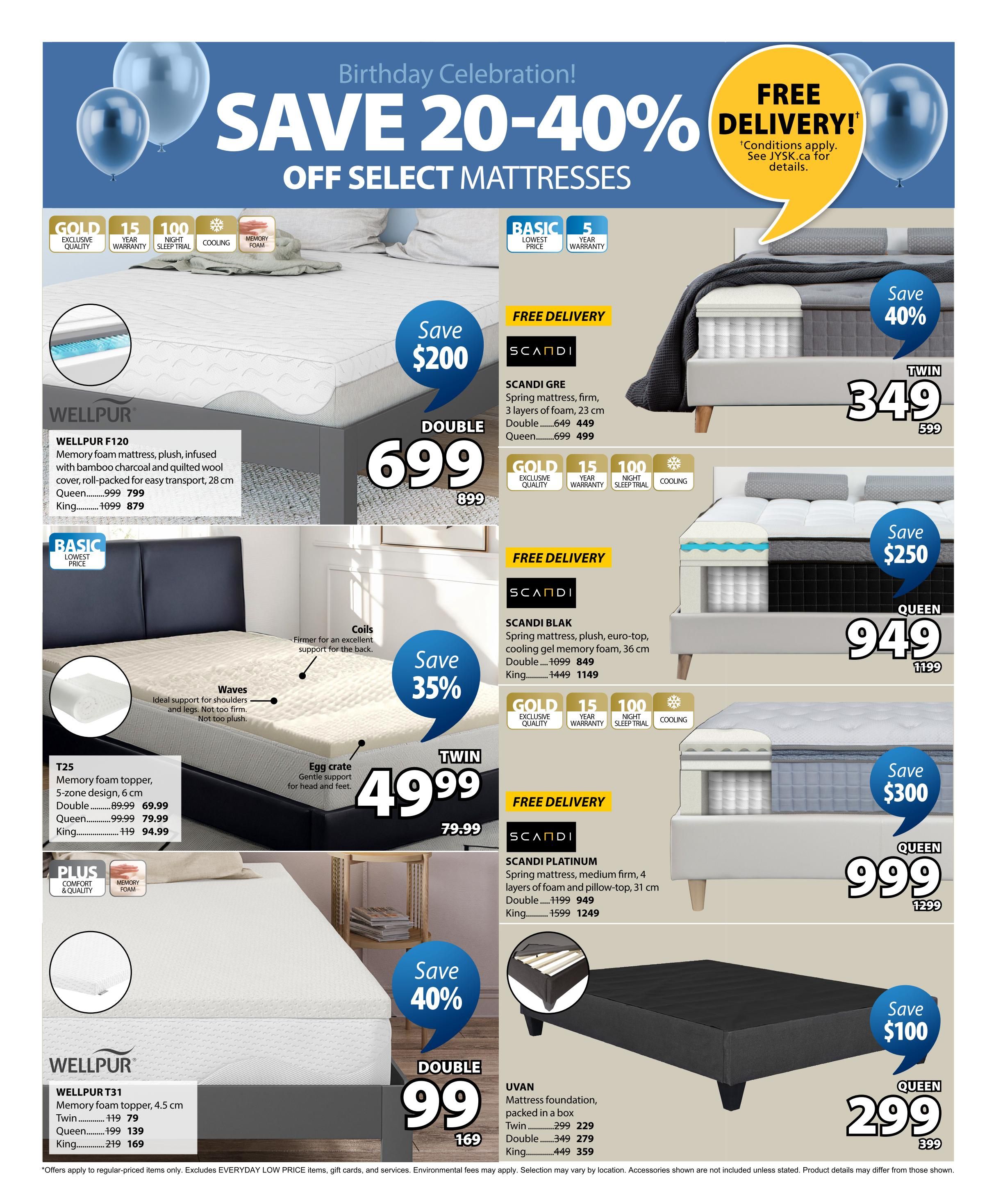 Jysk flyer page 8 features a Birthday Celebration sale with 20-40% off select mattresses. Featured items include the WELLPUR F120 memory foam mattress, saving $200, now $699 for double size. The SCANDI GRE mattress is on sale for $449 (double) and $499 (queen), with free delivery. The SCANDI BLAK mattress is $849 for double and $1149 for king, also with free delivery. The SCANDI PLATINUM mattress is $949 for double and $1249 for king, with free delivery. A T25 memory foam topper is $69.99 for double, $79.99 for queen, and $94.99 for king. The WELLPUR T31 memory foam topper is $79 for twin, $139 for queen, and $169 for king. The UVAN mattress foundation is $229 for twin, $279 for double, and $359 for king. Several mattresses offer gold quality, 15-year warranty, 100-night sleep trial, and cooling features.