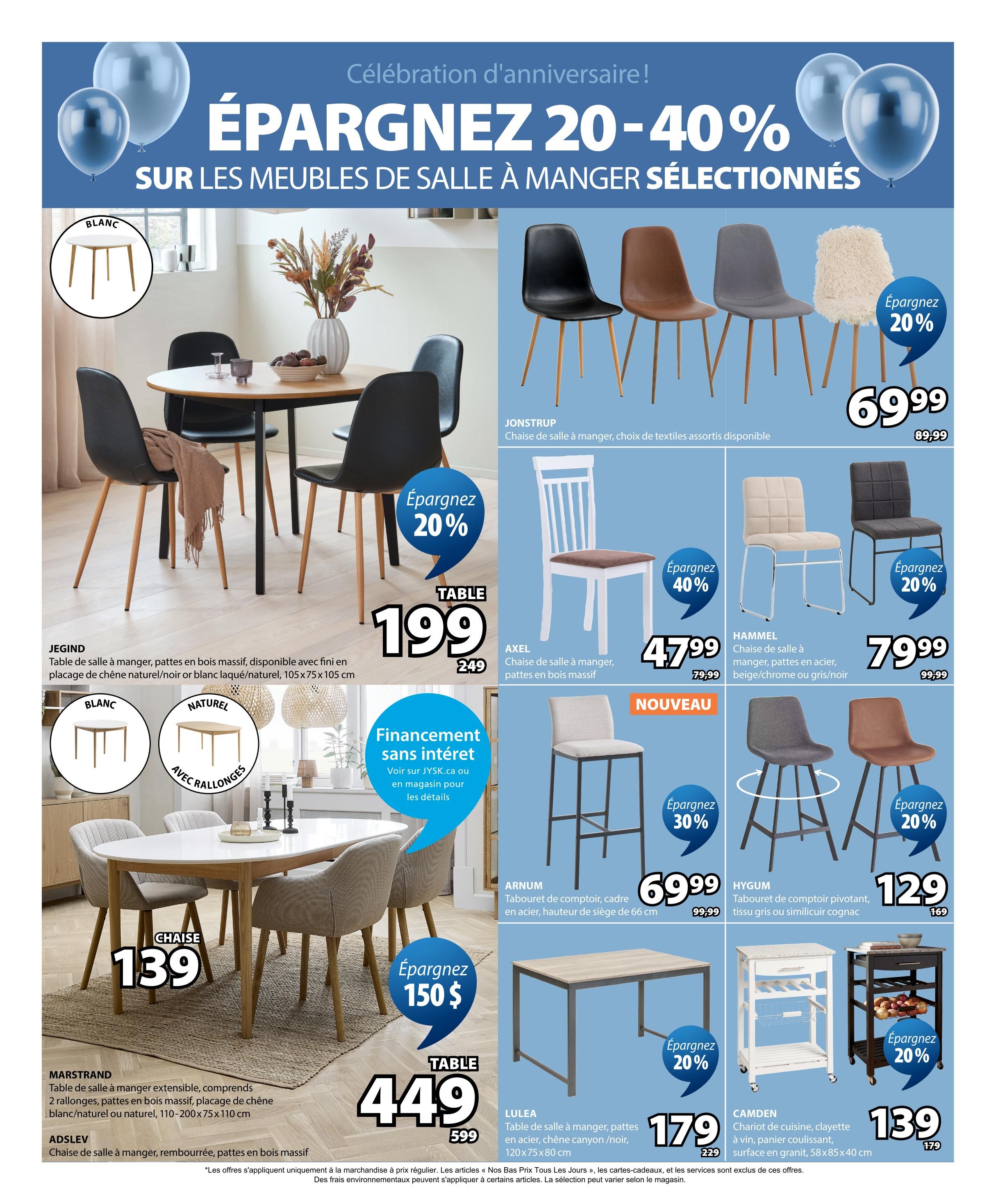 Jysk flyer page 3 features savings of 20-40% on selected dining room furniture. Pictured is a round dining table with four black chairs, with a 20% saving, priced at $199 (regularly $249). Also shown is the J Jegind dining table in natural wood or white, measuring 105x75x105 cm. The Marstrand extendable dining table is $449 (regularly $599) and comes with two extensions, in natural wood or white oak veneer, measuring 110-200x75x110 cm. Adselv dining chairs are also available. Several dining chairs are on sale: Jonstrup chairs are $69.99 (regularly $89.99), Axel chairs are 40% off at $47.99 (regularly $79.99), Hammel chairs are $79.99 (regularly $99.99), and Hygum bar stools are $129 (regularly $169). New arrivals include Arnum bar stools at $69.99 (regularly $99.99) with a 30% saving. The Lulea dining table is $179 (regularly $229) and the Camden kitchen cart is $139 (regularly $179), both with 20% savings. Financing is available interest-free. See Jysk.ca or in-store for details.