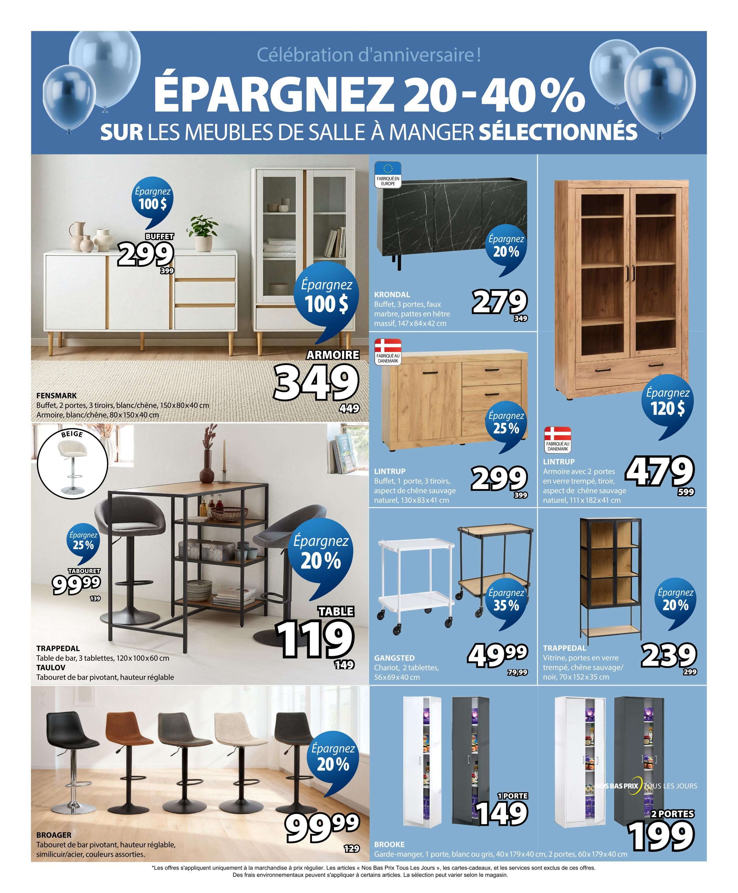 Jysk flyer page 4 features savings of 20-40% on selected dining and living room furniture. Featured items include the BUFFET for $299 (save $100), KRONDAL buffet with 3 doors in faux marble and oak legs for $279 (save 20%), and a FENSMARK buffet in white/oak, 150x80x40 cm, for $349 (save $100). Also available is a LINTUP buffet with 1 door in wild oak effect, 130x83x41 cm, for $299 (save 25%), and a LINTUP cabinet with 2 doors in tempered glass and wild oak effect, 111x182x41 cm, for $479 (save $120). Bar stools are on sale: TABOURET bar stool in beige for $99.99 (save 25%), and BROAGER bar stools with adjustable height in assorted faux leather/acacia colours for $99.99 (save 20%). A TRAPPEDAL bar table with 3 shelves, 120x100x60 cm, is $119 (save $30), and TAULOV adjustable bar stools are also shown. The GANGSTED 2-tier cart is $49.99 (save 35%). TRAPPEDAL display cabinet with glass doors in wild oak effect/black, 70x152x35 cm, is $239 (save 20%). BROOKE storage cabinets are available: 1-door in white or grey, 40x179x40 cm, for $149, and 2-door for $199.