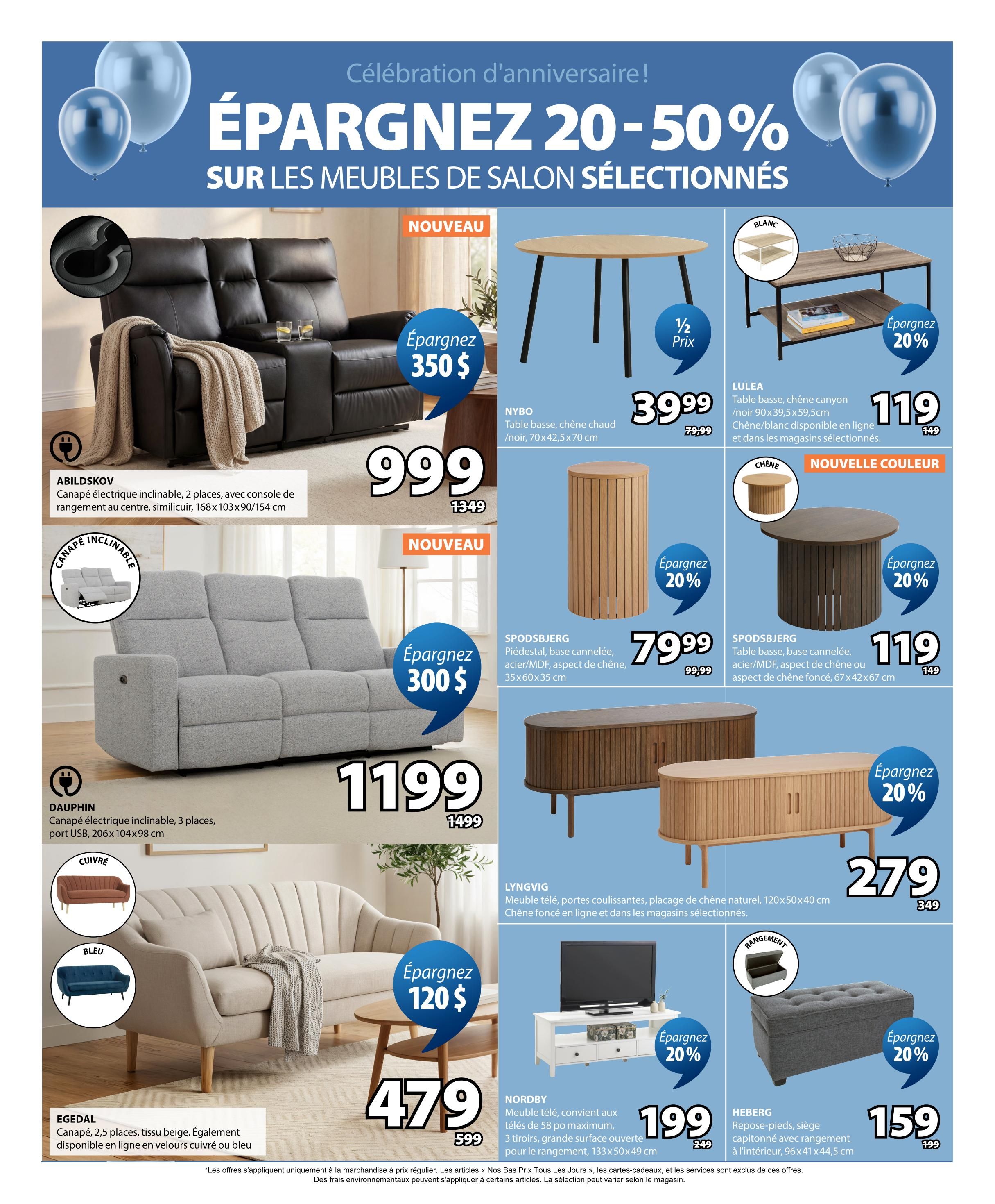 Jysk flyer page 5 features a celebration of savings with 20-50% off selected living room furniture. Featured items include the ABILDSKOV 2-seater reclining electric sofa with centre console for $999 (save $350), and the DAUPHIN 3-seater reclining electric sofa with USB for $1199 (save $300). Also on sale is the EGEDAL 2.5-seater sofa in beige fabric, available in copper or blue velvet online, for $479 (save $120). Coffee tables include the NYBO table for $39.99 (save 1/2 price) and the LULEA table for $119 (save 20%). Storage solutions include the SPODSBJERg pedestal for $79.99 (save 20%), the LYNGVIG media unit for $279 (save 20%), and the HEBERG storage bench for $159 (save 20%). The NORDBY media unit is available for $199 (save 20%).