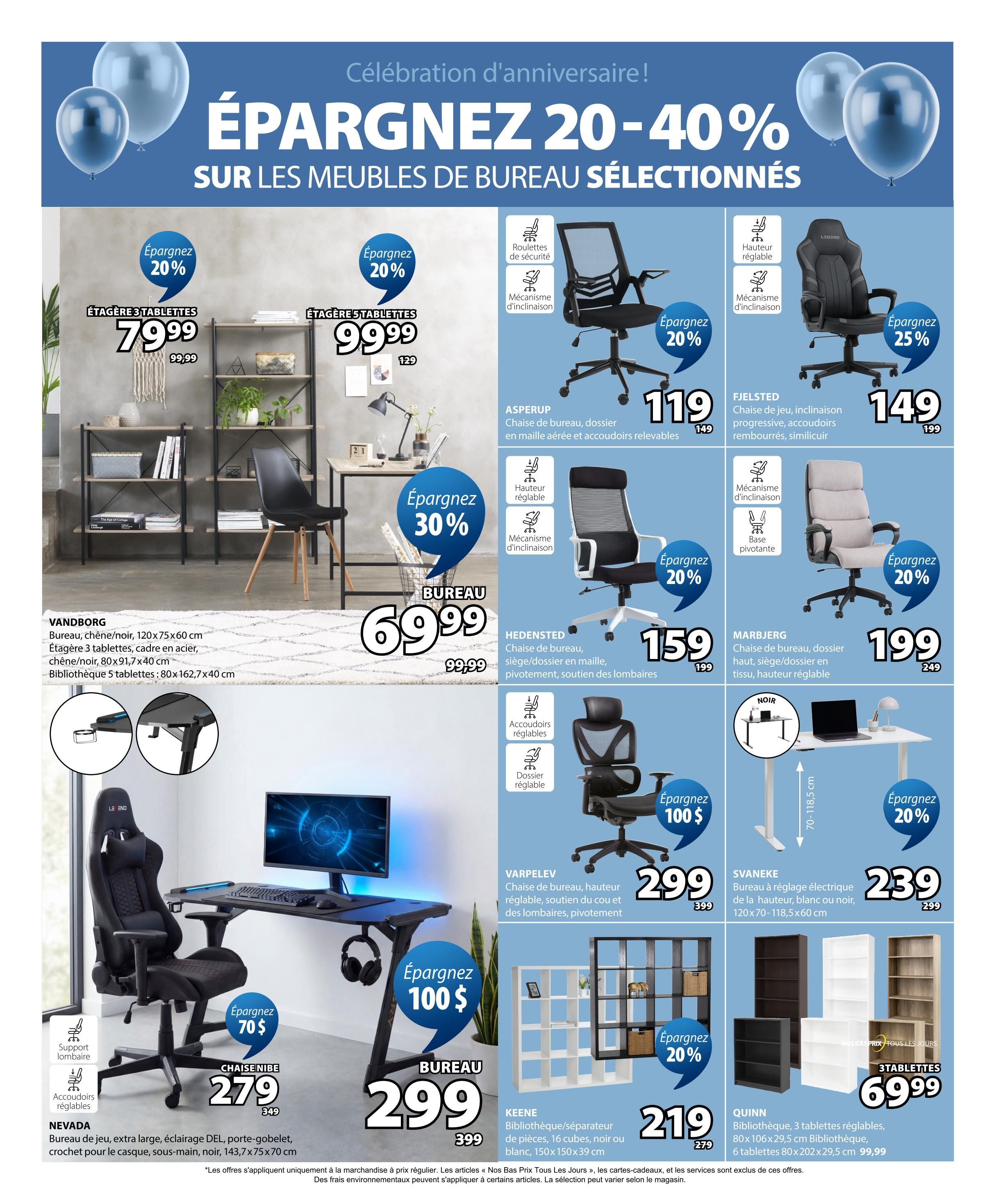 Jysk flyer page 6 features a sale on selected office furniture with savings of 20-40%. Featured items include a 3-shelf unit for $79.99 (save 20%), a 5-shelf unit for $99.99 (save 20%), and the VANDBORG desk in oak/black, 120x75x60 cm, with a matching 3-shelf bookcase (80x91.7x40 cm) and a 5-shelf bookcase (80x162.7x40 cm) for $69.99 (save 30%). Office chairs on sale are the ASPERUP mesh chair for $119 (save 20%), the FJELSTED gaming chair for $149 (save 25%), the HEDENSTED mesh chair for $159 (save 20%), the VARPELEV adjustable chair for $299 (save $100), and the NEVADA extra-large gaming desk with LED lighting for $299 (save $70). Also available are the MARBJERG adjustable office chair for $199 (save 20%), the SVANEKE electric height-adjustable desk in white or black (120x70-118.5x60 cm) for $239 (save 20%), the KEENE cube storage unit/room divider in black or white (150x150x39 cm) for $219 (save 20%), and the QUINN 3-shelf bookcase (80x106x29.5 cm) for $99.99 and a 6-shelf bookcase (80x202x29.5 cm) for $69.99.