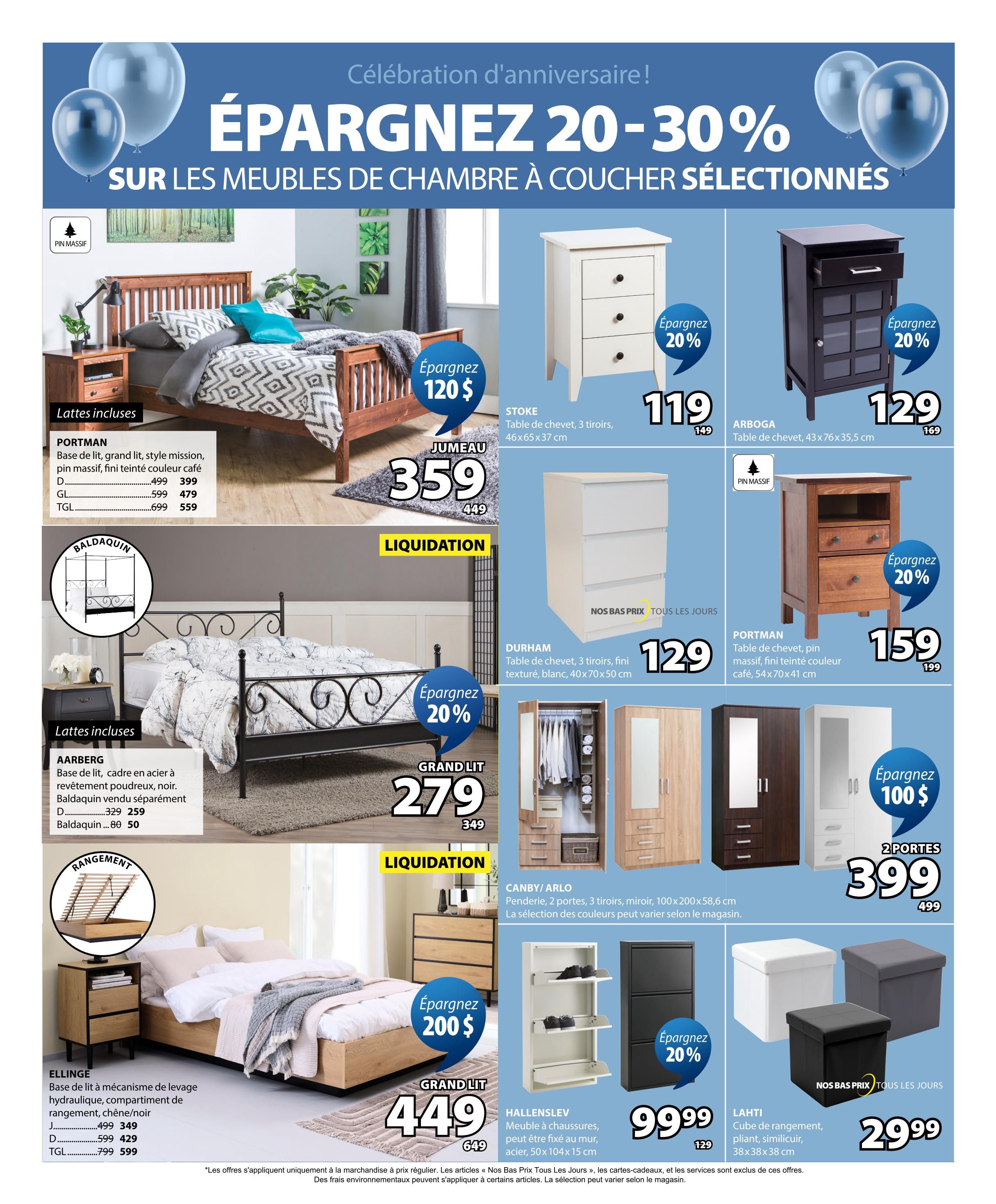 Jysk flyer page 7 features bedroom furniture with anniversary celebration savings of 20-30%. Featured items include the PORTMAN bed frame in grand lit size, solid pine, coffee colour, on sale for $359 (regularly $449). The AARBERG bed frame in steel with black powder-coated finish is $279 (regularly $349), with the canopy sold separately for $80 (regularly $50). The ELLINAGE bed frame with hydraulic lift mechanism and storage in oak/black is $449 (regularly $649). Nightstands on sale include the STOKE 3-drawer nightstand for $119 (regularly $149), the ARBOGA 3-drawer nightstand for $129 (regularly $169), and the PORTMAN solid pine nightstand in coffee colour for $159 (regularly $199). The DURHAM 3-drawer dresser in white is $129. Wardrobes are available, including a 2-door wardrobe for $399 (regularly $499). The CANBY/ARLO wardrobe with 3 drawers and mirror, 100x200x58.6 cm, is available in various colours. The HALLENSLEV wall-mounted shoe cabinet with 3 shelves is $99.99 (regularly $129). LAHTI storage cubes in black and grey are $29.99.