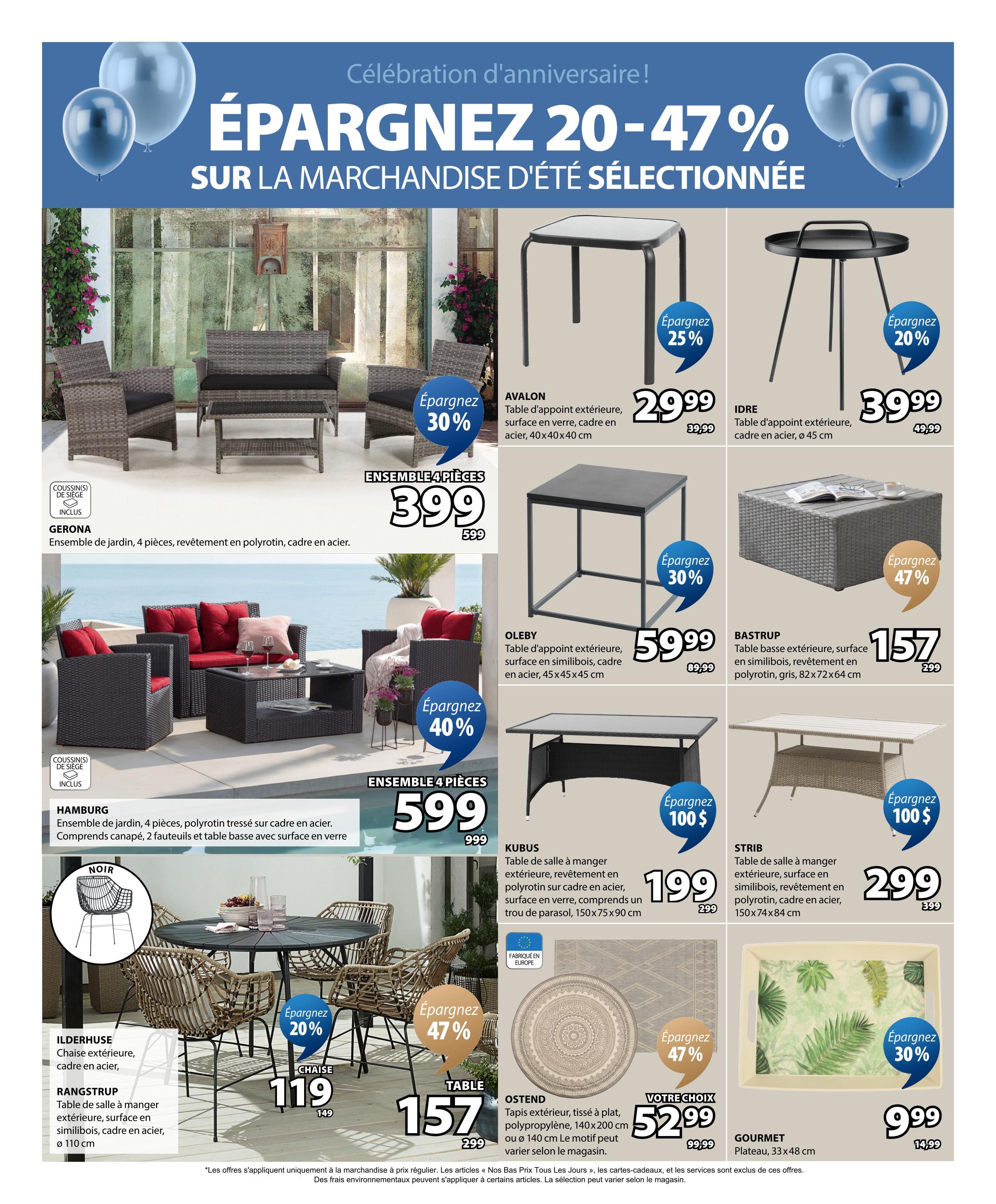 Jysk flyer page 9 features summer merchandise savings of 20-47%. Featured items include the Gerona 4-piece garden set for $399 (originally $599), saving 30%. The Hamburg 4-piece garden set is on sale for $599 (originally $999), saving 40%. Outdoor tables are also featured: the Avalon outdoor side table is $29.99 (originally $39.99), saving 25%; the Idre outdoor side table is $39.99 (originally $49.99), saving 20%; the Oleby outdoor side table is $59.99 (originally $89.99), saving 30%. The BASTURP outdoor coffee table is $157 (originally $299), saving 47%. Dining sets include the KUBUS outdoor dining table for $199 (originally $299), saving $100, and the STRIB outdoor dining table for $299 (originally $399), saving $100. The ILDERHUSE outdoor chair is $119 (originally $149), saving 20%. The RANGSTRUP dining table is $157 (originally $299), saving 47%. The OSTEND outdoor rug, 140x200 cm, is $52.99 (originally $99.99), a 'Your Choice' deal. The GOURMET serving tray is $9.99 (originally $14.99), saving 30%.