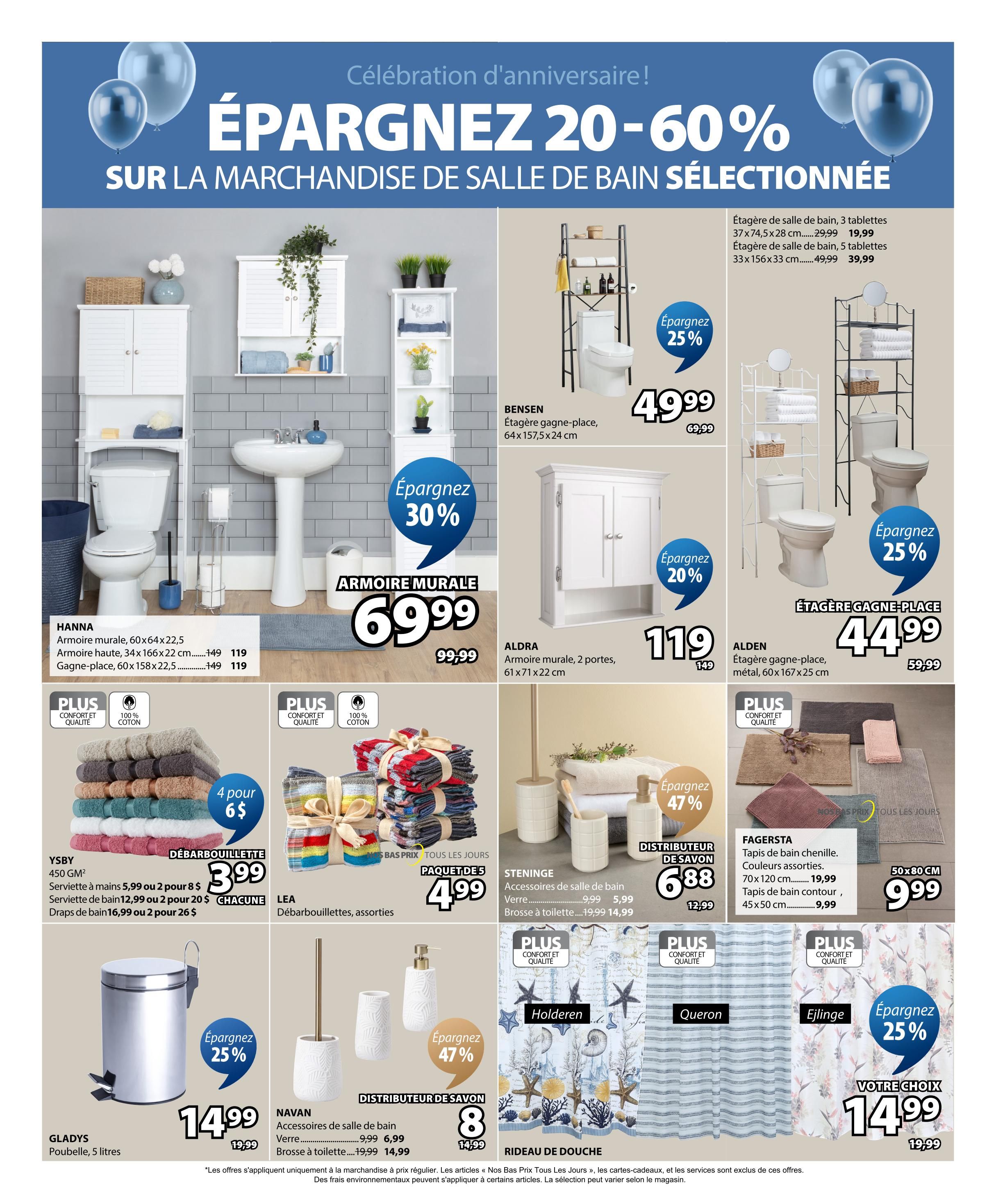 Jysk flyer page 12 featuring a wide selection of bathroom merchandise on sale with savings of 20-60%. Featured items include the HANNA wall cabinet in multiple sizes starting at $119, the ALDRA 2-door wall cabinet for $119 (save 20%), and the ALDEN metal shelving unit for $44.99 (save 25%). The BENSEN space-saving shelving unit is $49.99 (save 25%). Also available are bathroom storage solutions like the GLADYS 5-litre trash can for $14.99 (save 25%), and the NAVAN soap dispenser for $6.99 and toilet brush for $14.99. Towels are on sale, with YSBY 450 GSM hand towels 2 for $8, bath towels 2 for $20, and bath sheets 2 for $26. LEA assorted bath mats are $4.99. The STENING bathroom accessories include a soap dispenser for $6.88 (save 47%) and a toilet brush for $14.99. FAGERSTA chenille bath mats are available in two sizes: 70x120 cm for $19.99 and contour mats 45x50 cm for $9.99. Shower curtains are also featured, including the HOLDERN, QUERON, and EJIINGE designs, with EJIINGE priced at $14.99 (save 25%).