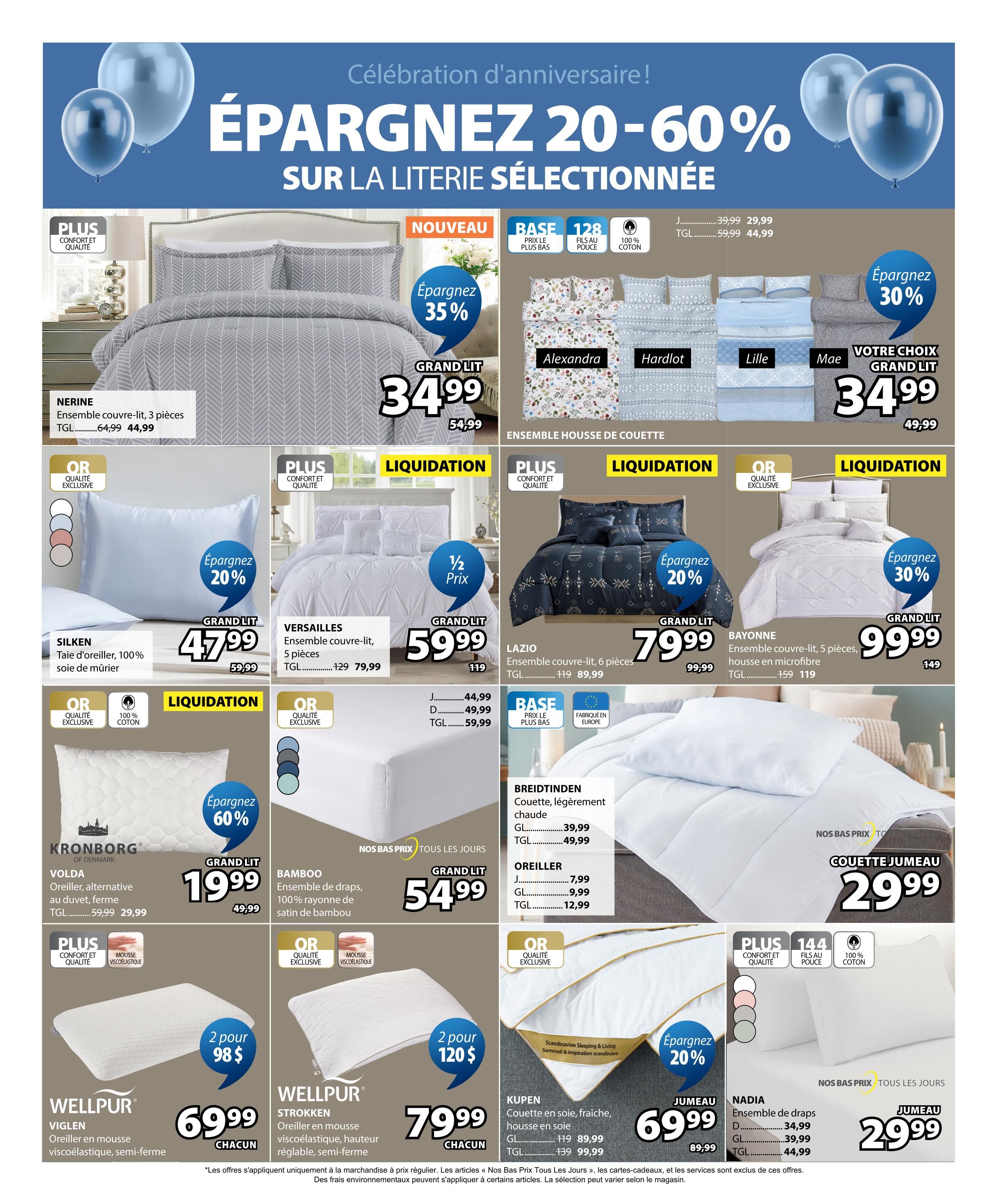 Jysk flyer page 13 features a 'Celebrate Your Anniversary! Save 20-60% on Selected Bedding' sale. Featured items include the Nerine 3-piece duvet cover set for $34.99 (originally $44.99), saving 35%. Also available are Alexandra, Hardlot, Lille, and Mae duvet cover sets for $34.99 (originally $49.99). The Silken silk pillowcase is on sale for $47.99 (originally $59.99), a 20% saving. The Versailles 5-piece duvet cover set is $59.99 (originally $119), half price. The Lazio 6-piece duvet cover set is $79.99 (originally $99.99), saving 20%. The Bayonne 5-piece microfiber duvet cover set is $99.99 (originally $149), saving 30%. The Kronborg Volde pillow, an alternative to down, is $19.99 (originally $49.99), saving 60%. The Bamboo 100% rayon bamboo satin sheet set is $54.99. The Wellpur Viglen semi-firm viscoelastic pillow is $69.99 each, with a 2 for $98 offer. The Wellpur Strokken semi-firm adjustable viscoelastic pillow is $79.99 each. The Breidtinden lightweight duvet is $39.99 (GL) or $49.99 (TGL). Pillow prices are $7.99 (J), $9.99 (D), or $12.99 (TGL). The Kupen silk duvet cover set is $69.99 (originally $89.99), saving 20%. The Nadia sheet set is $34.99 (D) or $39.99 (GL) or $44.99 (TGL). A twin duvet cover set is $29.99.