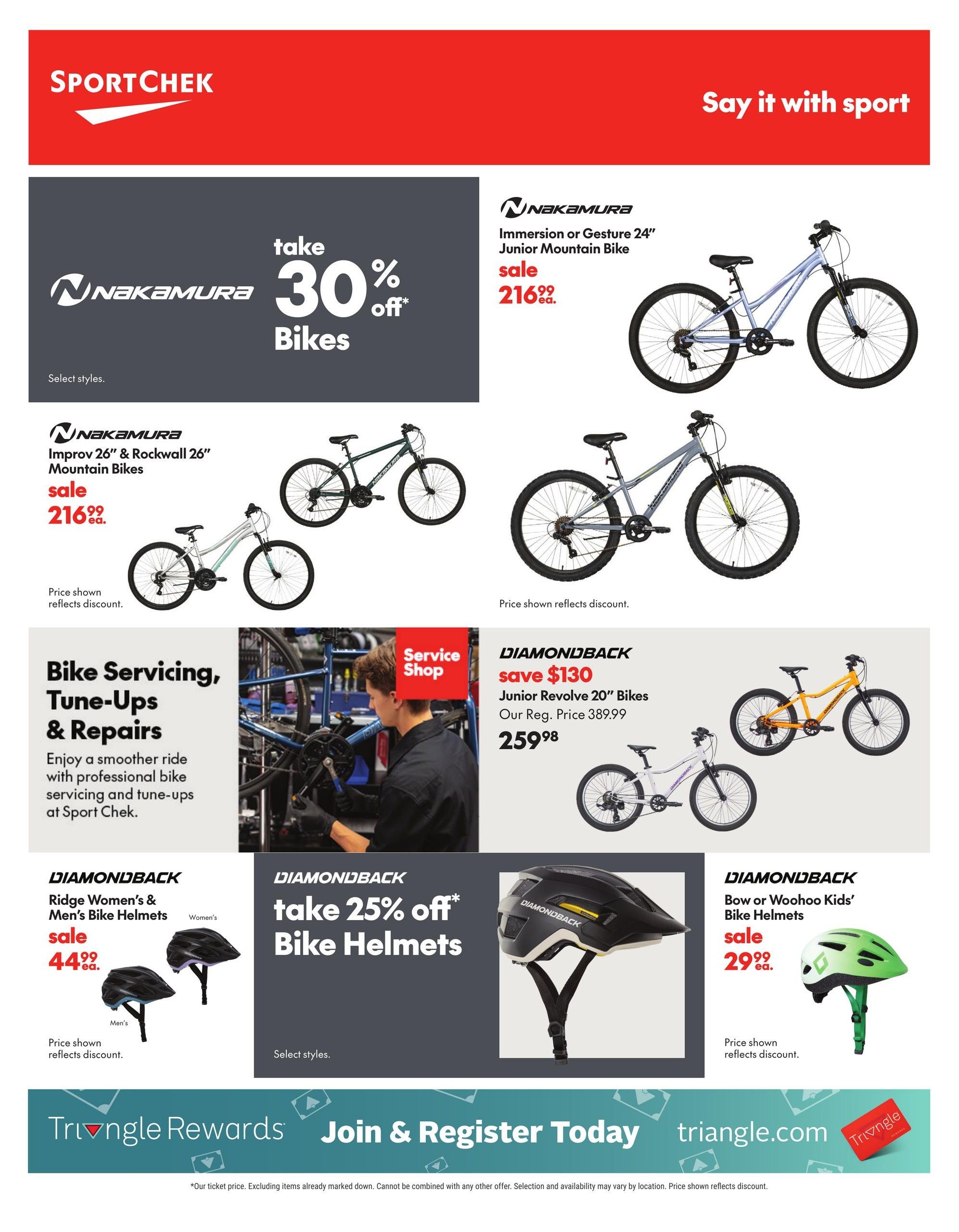 Sport Chek flyer page 6 features a 30% off sale on select Nakamura bikes. Featured bikes include the Nakamura Immersion or Gesture 24' Junior Mountain Bike on sale for $216.99, and Nakamura Improv 26' & Rockwall 26' Mountain Bikes also on sale for $216.99. The page also highlights Diamondback bike helmets with a 25% off sale on select styles. Specific offers include Diamondback Ridge Women's & Men's Bike Helmets for $44.99 each, and Diamondback Bow or Woohoo Kids' Bike Helmets for $29.99 each. Additionally, Diamondback Junior Revolve 20' Bikes are on sale for $259.98, a saving of $130 from the regular price of $389.99. The page also promotes Bike Servicing, Tune-Ups & Repairs at Sport Chek. A banner at the bottom advertises Triangle Rewards: Join & Register Today at triangle.com.