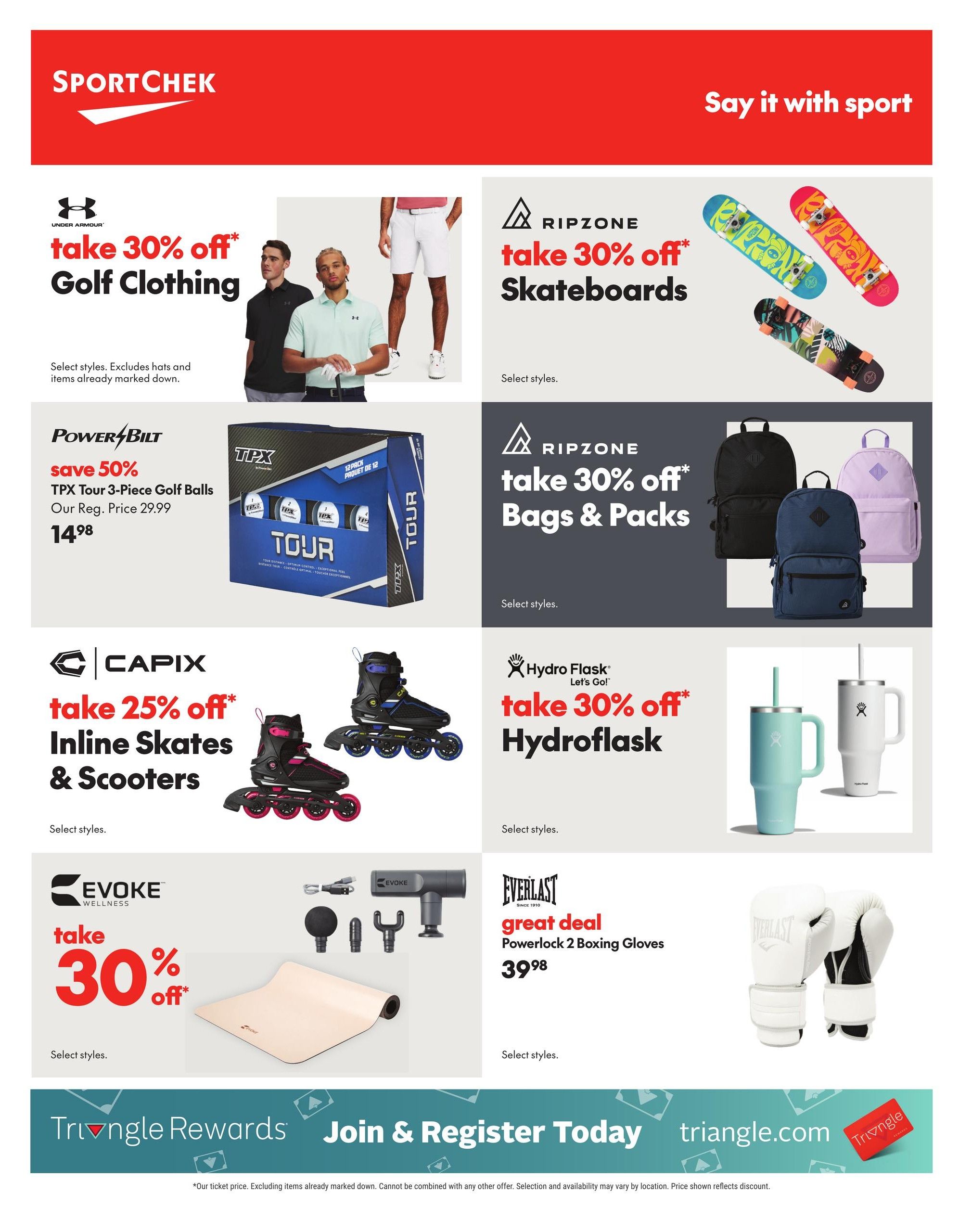 Sport Chek flyer page 7 featuring various sports and wellness deals. Get 30% off Under Armour Golf Clothing, select styles. Save 50% on Powerbilt TPX Tour 3-Piece Golf Balls, now $14.98, originally $29.99. Ripzone Skateboards are 30% off, select styles. Ripzone Bags & Packs are also 30% off, select styles. Take 25% off Capix Inline Skates & Scooters, select styles. Hydro Flask products are 30% off, select styles. Evoke Wellness products are 30% off, select styles, featuring massage guns and a yoga mat. Everlast Powerlock 2 Boxing Gloves are on a great deal for $39.98, select styles. The bottom banner promotes Triangle Rewards: Join & Register Today at triangle.com.