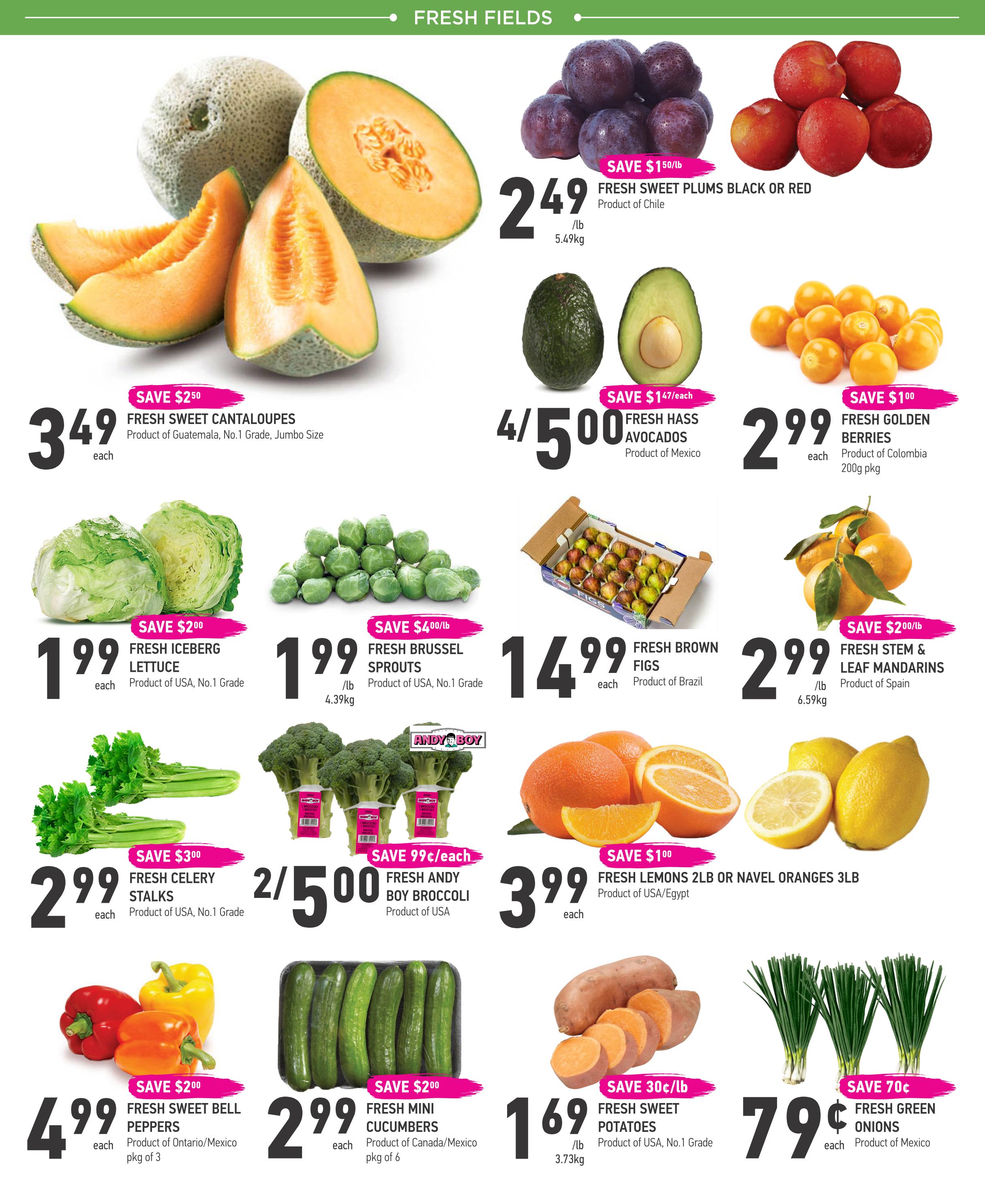 Coppa's Fresh Market flyer page 2 features a variety of fresh produce. Save $2.50 on Fresh Sweet Cantaloupes, product of Guatemala, No.1 Grade, Jumbo Size, for $3.49 each. Fresh Sweet Plums, black or red, product of Chile, are on sale for $2.49/lb, saving $1.50/lb. Fresh Hass Avocados, product of Mexico, are 4 for $5.00, saving $1.47 each. Fresh Golden Berries, product of Colombia, 200g pkg, are $2.99 each, saving $1.00. Fresh Iceberg Lettuce, product of USA, No.1 Grade, is $1.99 each, saving $2.00. Fresh Brussel Sprouts, product of USA, No.1 Grade, are $1.99/lb (4.39kg), saving $4.00/lb. Fresh Brown Figs, product of Brazil, are $14.99 each. Fresh Stem & Leaf Mandarins, product of Spain, are $2.99/lb (6.59kg). Fresh Celery Stalks, product of USA, No.1 Grade, are $2.99 each, saving $3.00. Fresh Andy Boy Broccoli, product of USA, is 2 for $5.00, saving $0.99 each. Fresh Lemons 2lb or Navel Oranges 3lb, product of USA/Egypt, are $3.99 each, saving $1.00. Fresh Sweet Bell Peppers, product of Ontario/Mexico, pkg of 3, are $4.99 each, saving $2.00. Fresh Mini Cucumbers, product of Canada/Mexico, pkg of 6, are $2.99 each, saving $2.00. Fresh Sweet Potatoes, product of USA, No.1 Grade, are $1.69/lb (3.73kg), saving $0.30/lb. Fresh Green Onions, product of Mexico, are $0.79 each, saving $0.70.