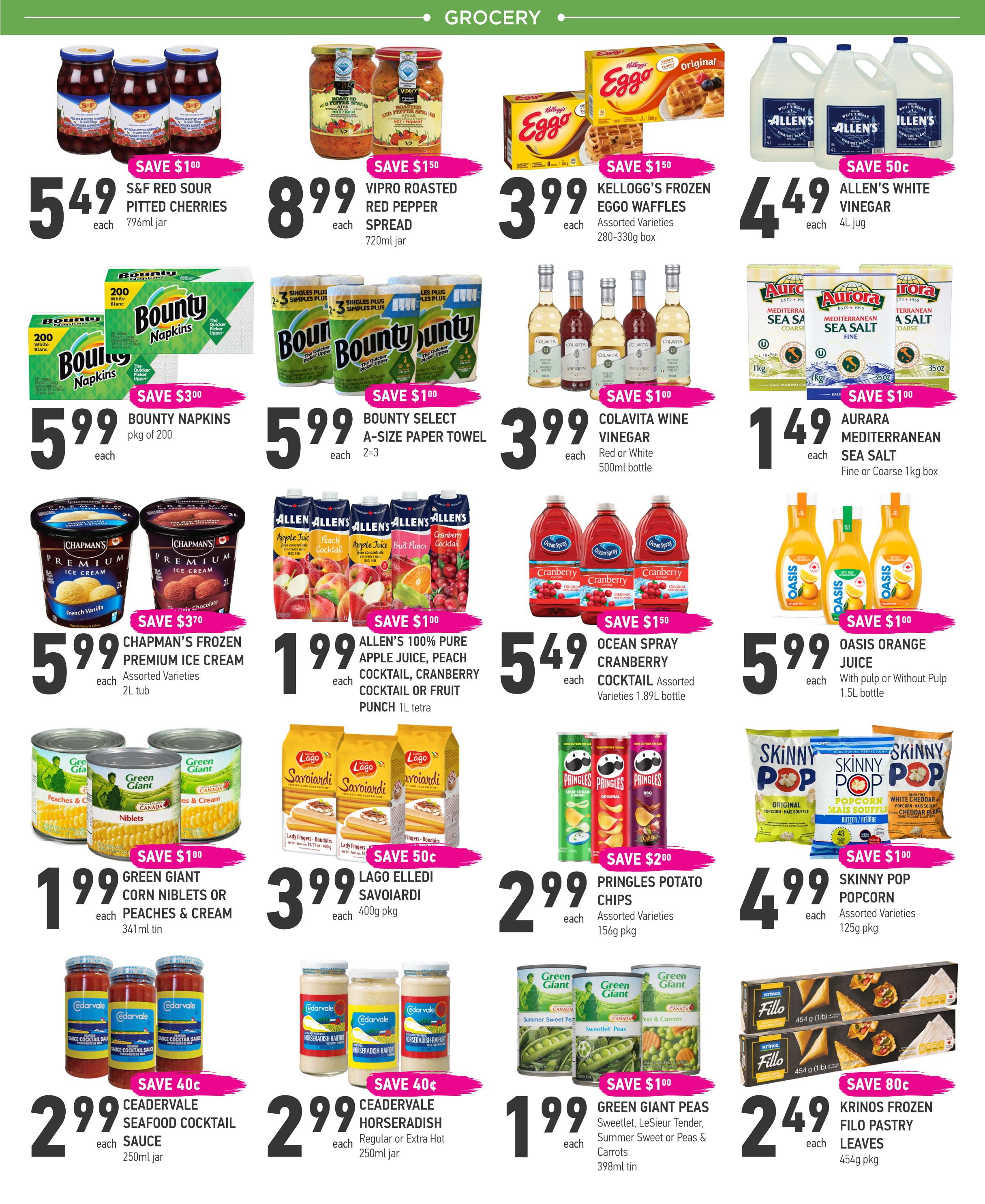 Coppa's Fresh Market flyer page 3 features grocery specials including S&F Red Sour Pitted Cherries for $5.49, Vipro Roasted Red Pepper Spread for $8.99, and Kellogg's Frozen Eggo Waffles for $3.99. Also available are Bounty Napkins for $5.99, Bounty Select A-Size Paper Towel for $5.99, and Colavita Wine Vinegar for $3.99. Allen's White Vinegar is $4.49, and Aurora Mediterranean Sea Salt is $1.49. Chapman's Frozen Premium Ice Cream is $5.99. Allen's 100% Pure Apple Juice, Cocktail, Cranberry Cocktail, or Fruit Punch is $1.99. Ocean Spray Cranberry Cocktail is $5.49. Oasis Orange Juice is $5.99. Green Giant Corn Niblets or Peaches & Cream are $1.99. Ligo Elledi Savoiardi are $3.99. Pringles Potato Chips are $2.99. Skinny Pop Popcorn is $4.99. Green Giant Peas are $1.99. Ceaderdale Seafood Cocktail sauce is $2.99. Ceaderdale Horseradish is $2.99. Krinos Frozen Filo Pastry Leaves are $2.49.