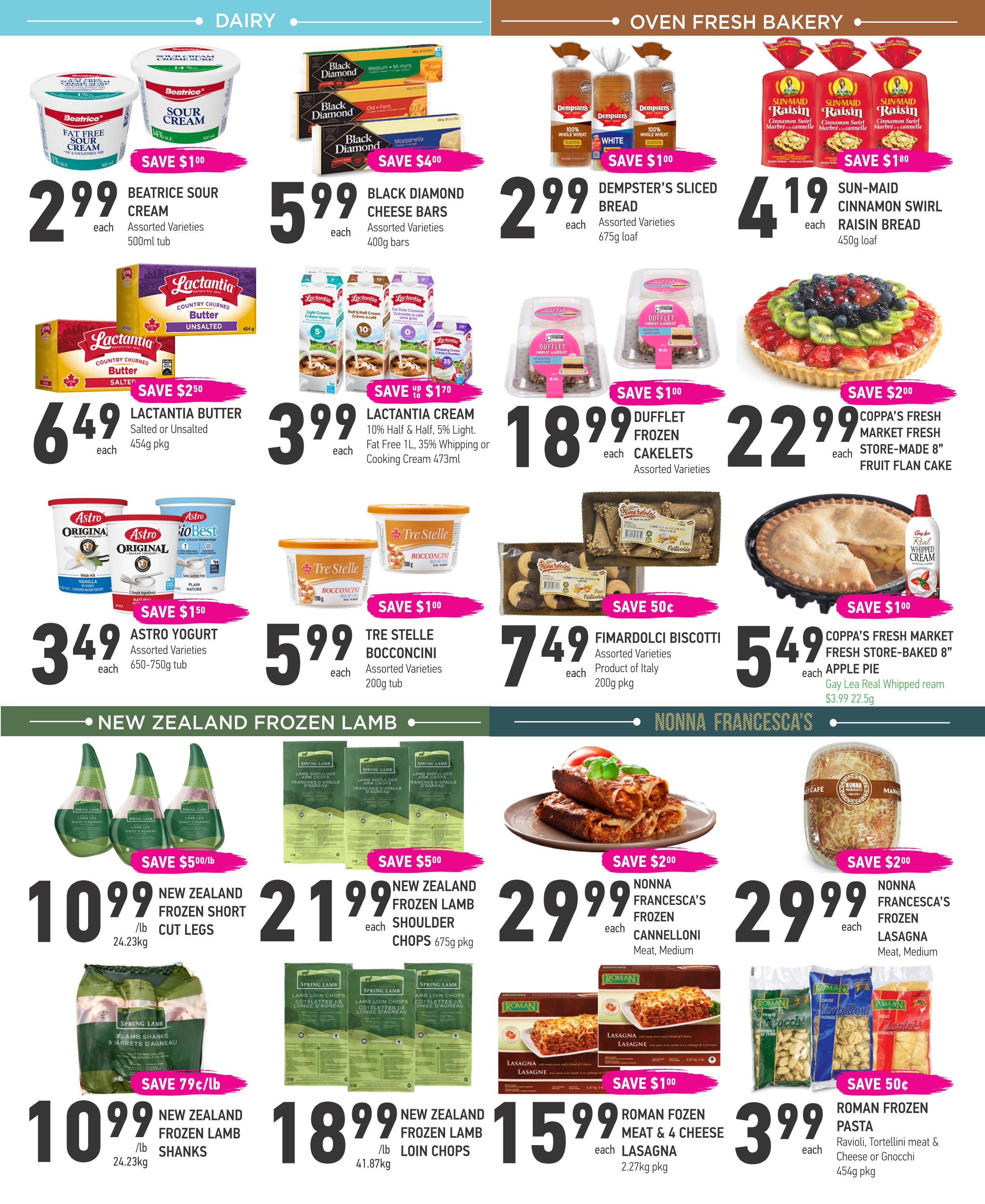Coppa's Fresh Market flyer page 5 features dairy, oven-fresh bakery, and new zealand frozen lamb. Dairy deals include Beatrice Sour Cream for $2.99, Black Diamond Cheese Bars for $5.99, Lactantia Butter for $6.49, Lactantia Cream for $3.99, and Astro Yogurt for $3.49. Bakery specials include Dempster's Sliced Bread for $2.99, Sun-Maid Cinnamon Swirl Raisin Bread for $4.19, Dufflet Frozen Cakelets for $18.99, Coppa's Fresh Market Fresh Store-Made 8' Fruit Flan Cake for $22.99, and Coppa's Fresh Market Fresh Store-Baked 8' Apple Pie for $5.49. Also featured are Tre Stelle Bocconcini for $5.99 and Fimardolci Biscotti for $7.49. New Zealand Frozen Lamb offers include Short Cut Legs for $10.99/lb, Shoulder Chops for $21.99 each, Lamb Shanks for $10.99/lb, and Loin Chops for $18.99/lb. Nonna Francesca's Frozen Cannelloni is $29.99 each, and Nonna Francesca's Frozen Lasagna is $29.99 each. Roman Frozen Meat & 4 Cheese Lasagna is $15.99 each, and Roman Frozen Pasta (Ravioli, Tortellini, Meat & Cheese or Gnocchi) is $3.99 each.