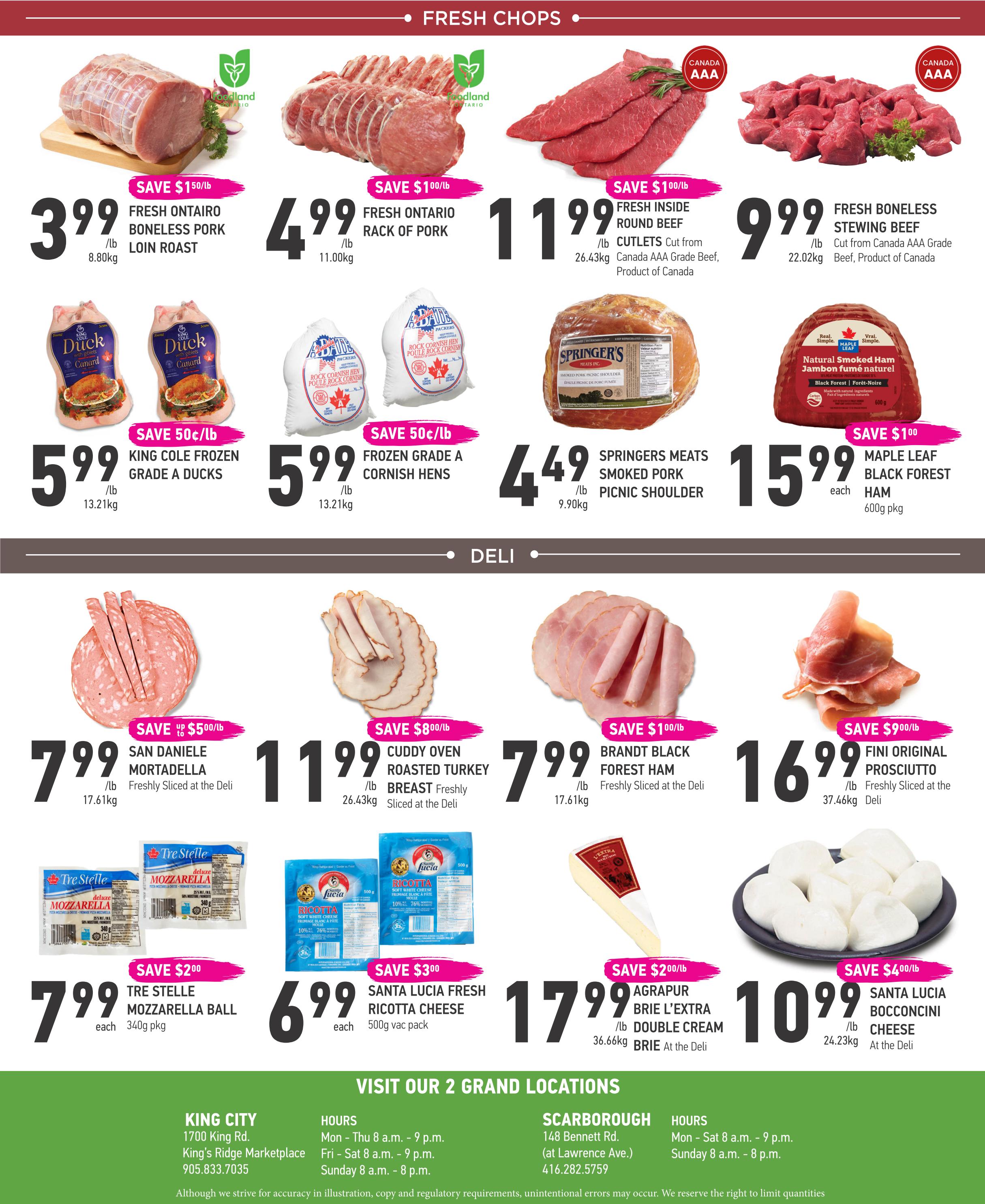 Coppa's Fresh Market flyer page 6 features fresh chops and deli items. Top section: Fresh Ontario Boneless Pork Loin Roast at $3.99/lb, Fresh Ontario Rack of Pork at $4.99/lb, Fresh Inside Round Beef Cutlets at $11.99/lb, and Fresh Boneless Stewing Beef at $9.99/lb. Also available are King Cole Frozen Grade A Ducks at $5.99/lb, Frozen Grade A Cornish Hens at $5.99/lb, Springers Meats Smoked Pork Picnic Shoulder at $4.49/lb, and Maple Leaf Black Forest Ham at $15.99 each (600g pkg). Deli section: San Daniele Mortadella freshly sliced at the deli for $7.99/lb, Cuddy Oven Roasted Turkey Breast freshly sliced at the deli for $11.99/lb, Brandt Black Forest Ham freshly sliced at the deli for $7.99/lb, and Fini Original Prosciutto freshly sliced at the deli for $16.99/lb. Cheese items include Tre Stelle Mozzarella Ball for $7.99 each (340g pkg), Santa Lucia Fresh Ricotta Cheese for $6.99 each (500g vac pack), Agrapur Brie L'Extra Double Cream Brie at the deli for $7.99/lb, and Santa Lucia Bocconcini Cheese at the deli for $10.99/lb.