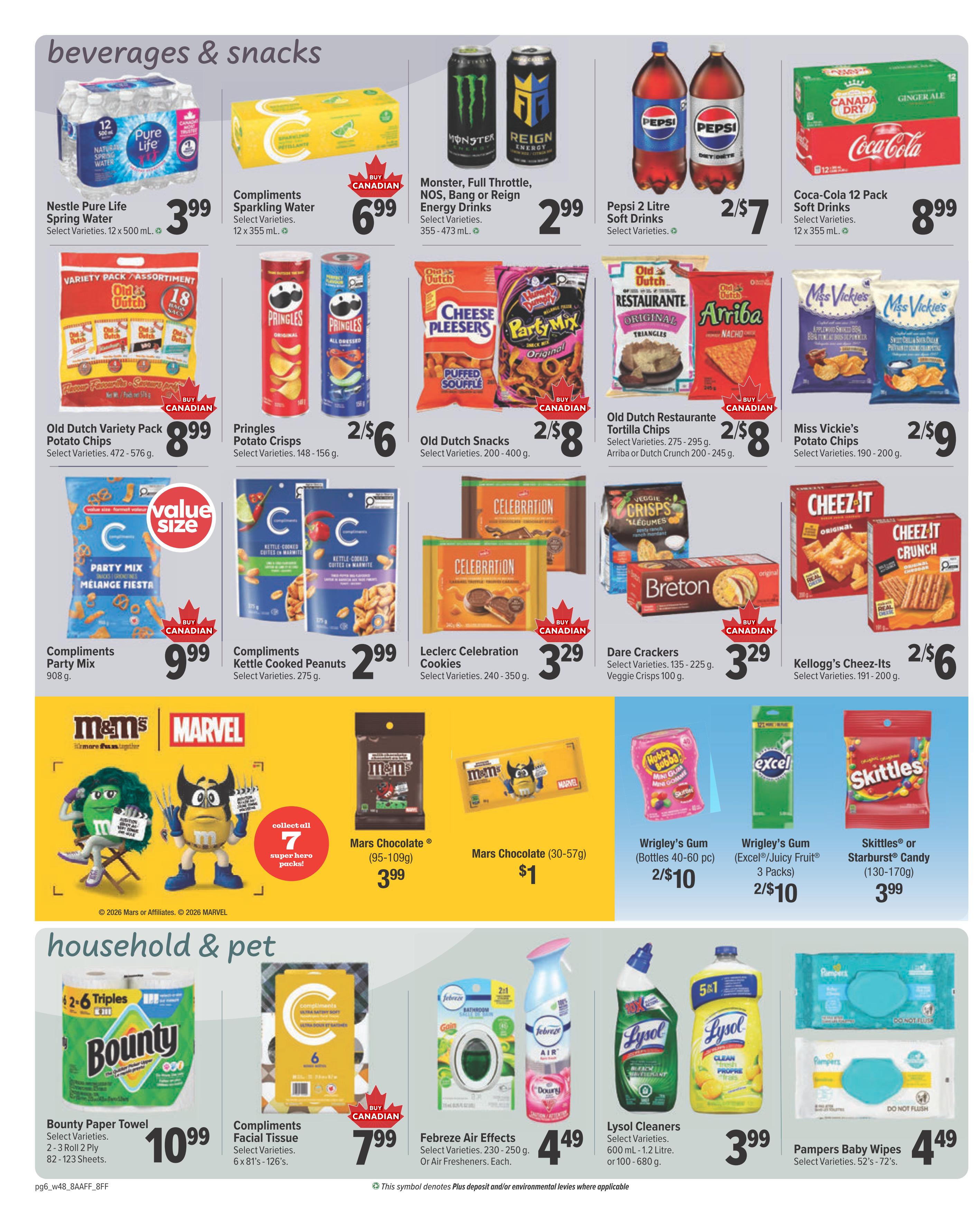 Family Foods weekly flyer specials page 6 features beverages & snacks and household & pet items. Beverages include Nestle Pure Life Spring Water for $3.99, Compliments Sparkling Water for $6.99, Monster, Full Throttle, NOS, Bang or Reign Energy Drinks for $2.99, Pepsi 2 Litre Soft Drinks for 2/$7, and Coca-Cola 12 Pack Soft Drinks for $8.99. Snacks include Old Dutch Variety Pack Potato Chips for $8.99, Pringles Potato Crisps for 2/$6, Old Dutch Snacks for 2/$8, Old Dutch Restaurante Tortilla Chips for 2/$8, Miss Vickie's Potato Chips for 2/$9, Compliments Party Mix for $9.99, Compliments Kettle Cooked Peanuts for $2.99, Leclerc Celebration Cookies for $3.29, Dare Crackers for $3.29, Kellogg's Cheez-Its for 2/$6, Mars Chocolate (95-109g) for $3.99, Mars Chocolate (30-57g) for $1, Wrigley's Gum (Bottles 40-60 pc) for 2/$10, Wrigley's Gum (Excel/Juicy Fruit 3 Packs) for 2/$10, and Skittles or Starburst Candy (130-170g) for $3.99. Household and pet items include Bounty Paper Towels for $10.99, Compliments Facial Tissue for $7.99, Febreze Air Effects for $4.49, Lysol Cleaners for $3.99, and Pampers Baby Wipes for $4.49.