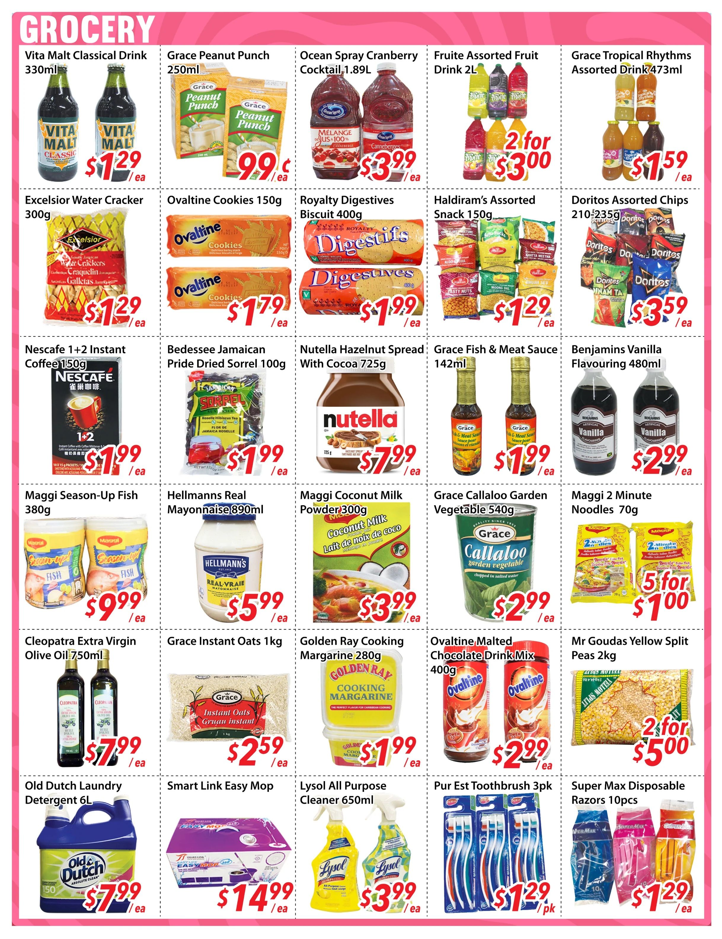 Bestco Food Mart weekly flyer specials, page 3. Featured grocery items include Vita Malt Classical Drink 330ml for $1.29 each, Grace Peanut Punch 250ml for $0.99 each, Ocean Spray Cranberry Cocktail 1.89L for $3.99 each, and Assorted Fruite Drink 2L for 2 for $3.00. Also available are Grace Tropical Rhythms Assorted Drink 473ml for $1.59 each, Excelsior Water Cracker 300g for $1.29 each, Ovaltine Cookies 150g for $1.79 each, Royalty Digestives Biscuit 400g for $1.99 each, Haldiram's Assorted Snack 150g for $1.29 each, and Doritos Assorted Chips 210-235g for $3.59 each. Other deals include Nescafe 1+2 Instant Coffee 150g for $1.99 each, Bedessee Jamaican Pride Dried Sorrel 100g for $1.99 each, Nutella Hazelnut Spread with Cocoa 725g for $7.99 each, Grace Fish & Meat Sauce 142ml for $1.99 each, and Benjamins Vanilla Flavouring 480ml for $2.99 each. Additionally, Maggi Season-Up Fish 380g is $9.99 each, Hellmanns Real Mayonnaise 890ml is $5.99 each, Maggi Coconut Milk Powder 300g is $3.99 each, Grace Callaloo Garden Vegetable 540g is $2.99 each, and Maggi 2 Minute Noodles 70g are 5 for $1.00. More offers are Cleopatra Extra Virgin Olive Oil 750ml for $7.99 each, Grace Instant Oats 1kg for $2.59 each, Golden Ray Cooking Margarine 280g for $1.99 each, Ovaltine Malted Chocolate Drink Mix 400g for $2.99 each, and Mr Goudas Yellow Split Peas 2kg for 2 for $5.00. Finally, Old Dutch Laundry Detergent 6L is $7.99 each, Smart Link Easy Mop is $14.99 each, Lysol All Purpose Cleaner 650ml is $3.99 each, Pur Est Toothbrush 3pk is $1.29 each, and Super Max Disposable Razors 10pcs are $1.29 each.