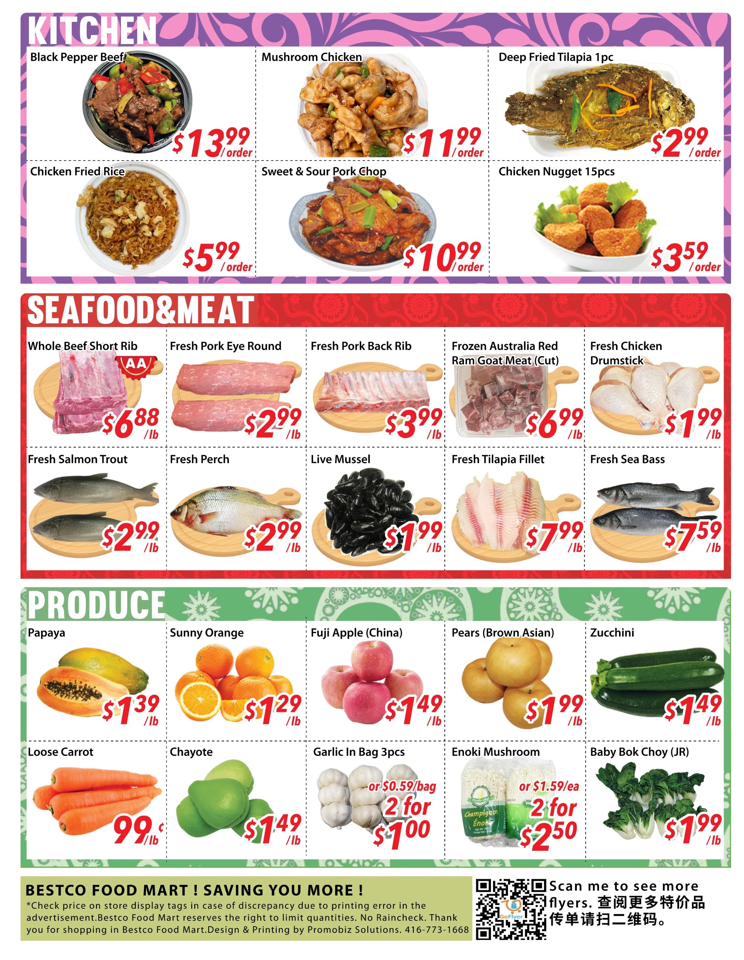Bestco Food Mart weekly flyer specials page 4. Kitchen items include Black Pepper Beef for $13.99/order, Mushroom Chicken for $11.99/order, Deep Fried Tilapia 1pc for $2.99/order, Chicken Fried Rice for $5.99/order, Sweet & Sour Pork Chop for $10.99/order, and Chicken Nugget 15pcs for $3.59/order. Seafood & Meat section features Whole Beef Short Rib for $6.88/lb, Fresh Pork Eye Round for $2.99/lb, Fresh Pork Back Rib for $3.99/lb, Frozen Australia Red Ram Goat Meat (Cut) for $6.99/lb, Fresh Chicken Drumstick for $1.99/lb, Fresh Salmon Trout for $2.99/lb, Fresh Perch for $2.99/lb, Live Mussel for $1.99/lb, Fresh Tilapia Fillet for $7.99/lb, and Fresh Sea Bass for $7.59/lb. Produce section offers Papaya for $1.39/lb, Sunny Orange for $1.29/lb, Fuji Apple (China) for $1.49/lb, Pears (Brown Asian) for $1.99/lb, Zucchini for $1.49/lb, Loose Carrot for $0.99/lb, Chayote for $1.49/lb, Garlic In Bag 3pcs for 2 for $1.00 (or $0.59/bag), Enoki Mushroom for 2 for $2.50 (or $1.59/ea), and Baby Bok Choy (JR) for $1.99/lb. Bottom text provides store information and contact details.