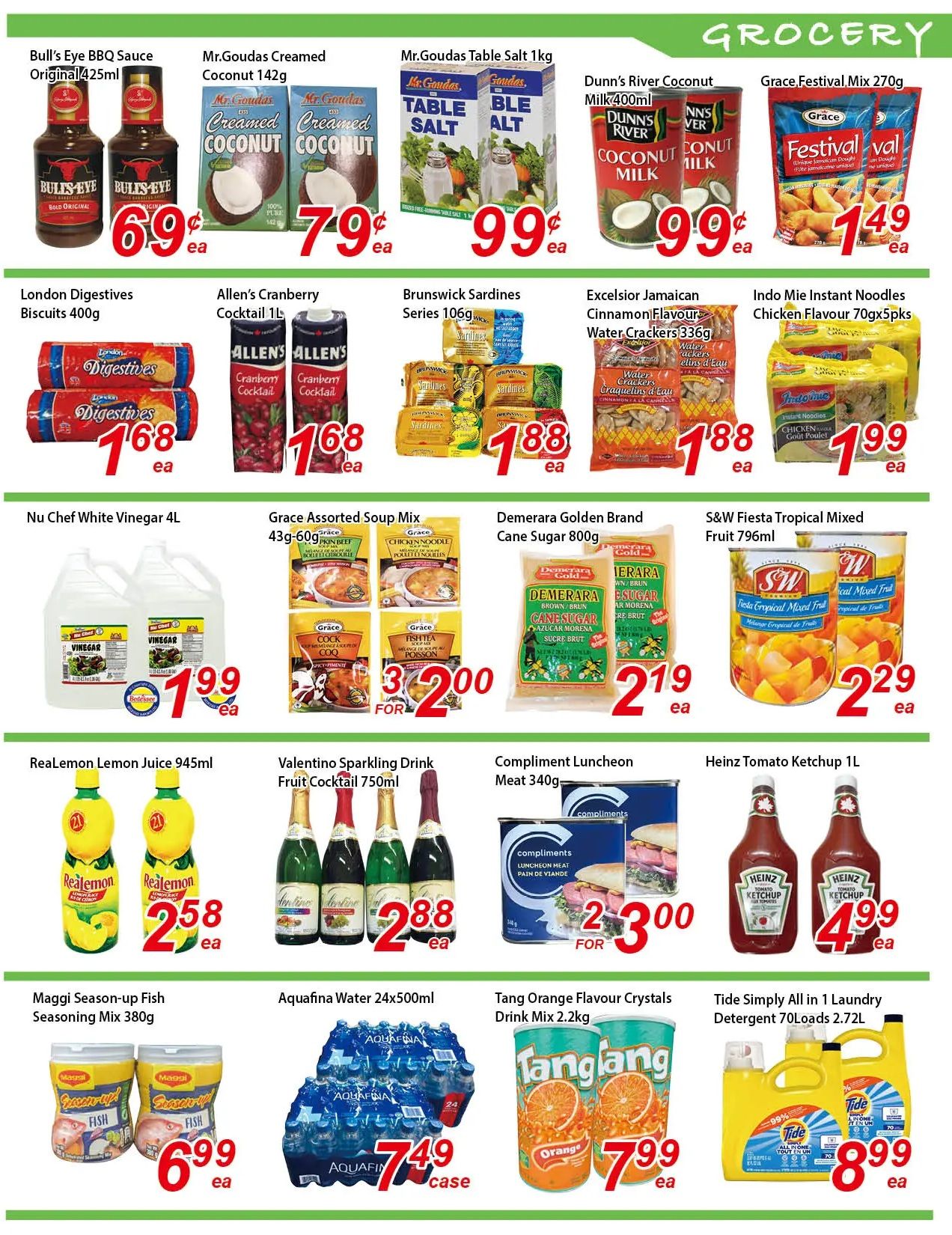 Fresh Win Foodmart grocery flyer page 3 specials include: Bull's Eye BBQ Sauce Original 425ml for $6.99 ea, Mr. Goudas Creamed Coconut 142g for $0.79 ea, Mr. Goudas Table Salt 1kg for $0.99 ea, Dunn's River Coconut Milk 400ml for $0.99 ea, and Grace Festival Mix 270g for $1.49 ea. Also featured are London Digestives Biscuits 400g for $1.68 ea, Allen's Cranberry Cocktail 1L for $1.68 ea, Brunswick Sardines Series 106g for $1.88 ea, Excelsior Jamaican Cinnamon Flavour Water Crackers 336g for $1.88 ea, and Indo Mie Instant Noodles Chicken Flavour 70g x 5pk for $1.99 ea. Additional items include Nu Chef White Vinegar 4L for $1.99 ea, Grace Assorted Soup Mix 43g-60g for 3 for $2.00, Demerara Golden Brand Cane Sugar 800g for $2.19 ea, and S&W Fiesta Tropical Mixed Fruit 796ml for $2.29 ea. Further down the page, find RealLemon Lemon Juice 945ml for $2.58 ea, Valentino Sparkling Drink Fruit Cocktail 750ml for $2.88 ea, Compliments Luncheon Meat 340g for 2 for $3.00, and Heinz Tomato Ketchup 1L for $4.99 ea. Finally, Maggi Season-up Fish Seasoning Mix 380g is $6.99 ea, Aquafina Water 24x500ml is $7.49 case, Tang Orange Flavour Crystals Drink Mix 2.2kg is $7.99 ea, and Tide Simply All in 1 Laundry Detergent 70Loads 2.72L is $8.99 ea.