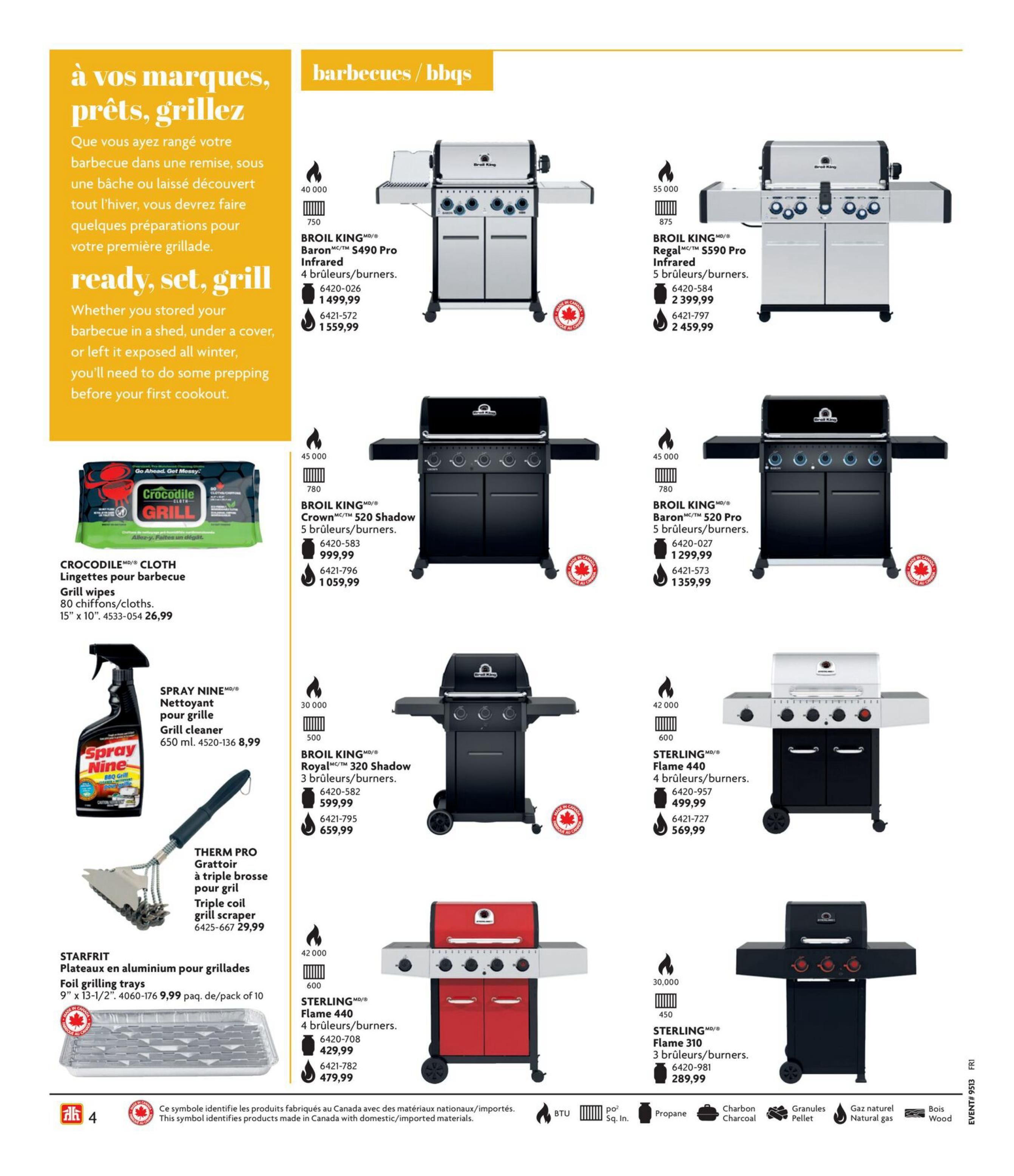 Home Hardware flyer page 5 features a selection of barbecues and grilling accessories. Featured barbecues include the Broil King Baron S490 Pro Infrared (4 burners) for $1,499.99 or $1,559.99, Broil King Regal S590 Pro Infrared (5 burners) for $2,399.99 or $2,459.99, Broil King Crown 520 Shadow (5 burners) for $999.99 or $1,059.99, Broil King Baron 520 Pro (5 burners) for $1,299.99 or $1,359.99, Broil King Royal 320 Shadow (3 burners) for $599.99 or $659.99, and Sterling Flame 440 (4 burners) for $499.99 or $569.99, and Sterling Flame 310 (3 burners) for $289.99. Also available are Crocodile Cloth grill wipes (80 cloths) for $26.99, Spray Nine grill cleaner (650 ml) for $8.99, Therm Pro triple coil grill scraper for $29.99, and Starfrit aluminum foil grilling trays (pack of 10) for $9.99. The page also includes icons indicating BTU, square inches, propane, charcoal, pellet, natural gas, and wood fuel types, as well as a symbol indicating products made in Canada.