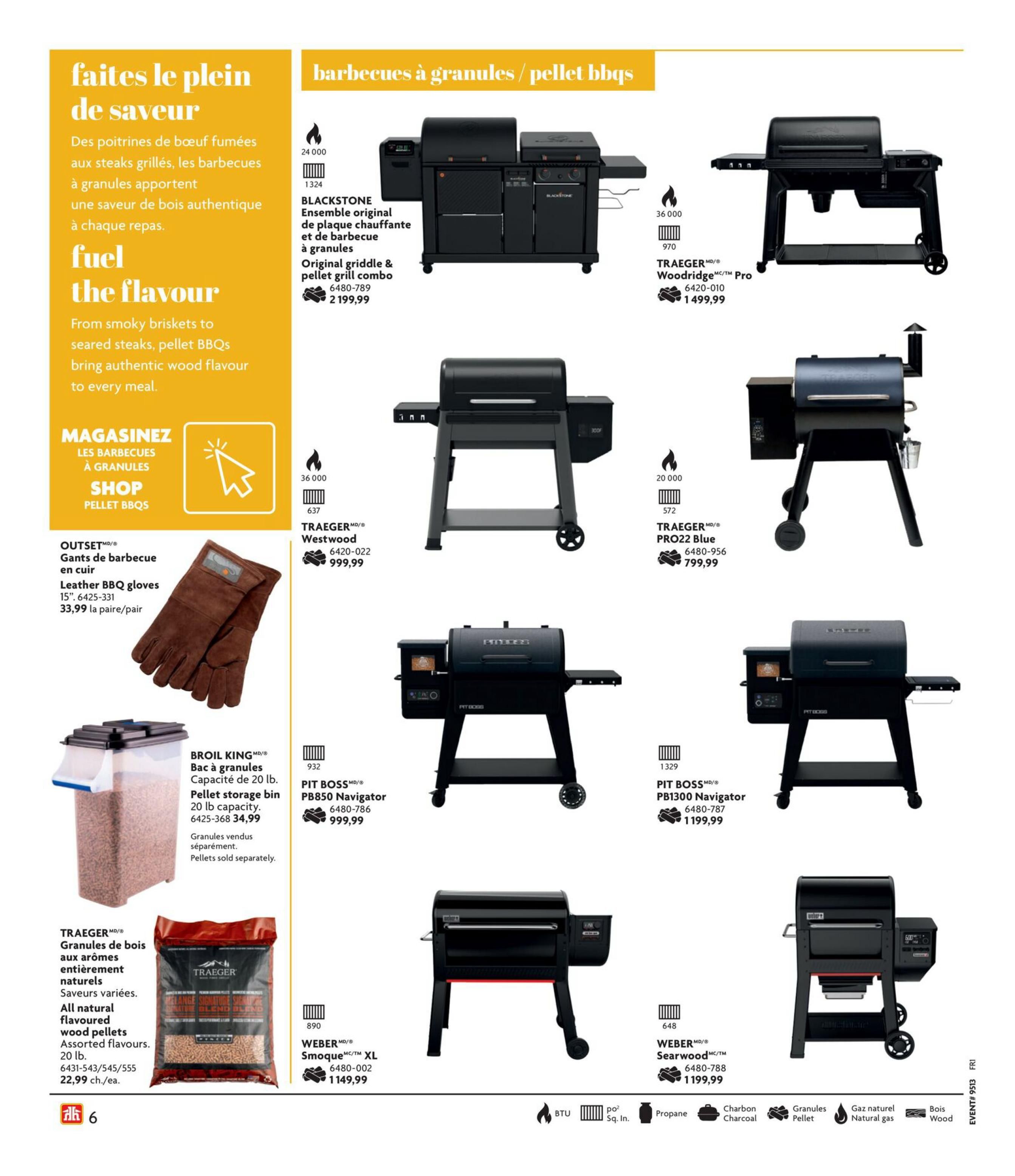 Home Hardware flyer page 7 features pellet BBQs and accessories. Top section highlights 'fuel the flavour' with descriptions of authentic wood flavour from pellet BBQs. Featured products include the BLACKSTONE Original Griddle & Pellet Grill Combo for $2,199.99, TRAEGER®/Woodridge® Pro for $1,499.99, TRAEGER® Westwood for $999.99, TRAEGER® PRO22 Blue for $799.99. Accessories include OUTSET® Leather BBQ gloves for $33.99 per pair, BROIL KING® 20 lb. Pellet storage bin for $34.99, TRAEGER® All Natural Flavoured Wood Pellets in assorted flavours for $22.99 per bag. Also featured are PIT BOSS® PB850 Navigator for $999.99, PIT BOSS® PB1300 Navigator for $1,199.99, WEBER® Smokee™ XL for $1,149.99, and WEBER® Searwood™ for $1,199.99. Icons indicate BTU, Sq. In., Propane, Charcoal, Pellet, Natural Gas, and Wood fuel types.