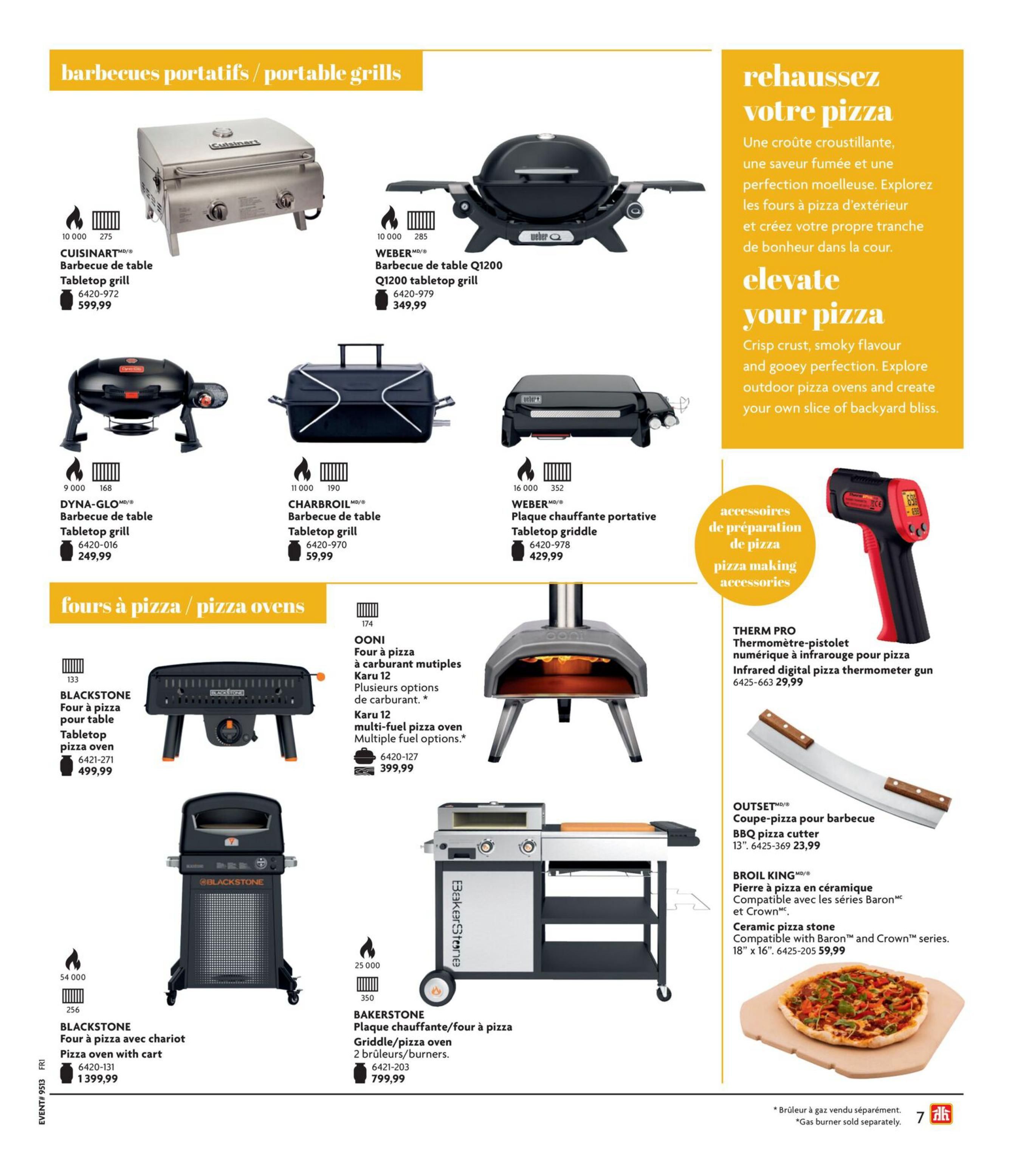 Home Hardware flyer page 8 features portable grills and pizza ovens. Portable grills include the Cuisinart tabletop grill for $599.99, the Weber Q1200 tabletop grill for $349.99, the Dyna-Glo tabletop grill for $249.99, the Charbroil tabletop grill for $59.99, and the Weber portable tabletop griddle for $429.99. Pizza ovens include the Blackstone tabletop pizza oven for $499.99, the Ooni Karu 12 multi-fuel pizza oven for $399.99, the Blackstone pizza oven with cart for $1,399.99, and the Bakerstone griddle/pizza oven with 2 burners for $799.99. Accessories for pizza making include the Therm Pro infrared digital pizza thermometer gun for $29.99, an Outset BBQ pizza cutter for $23.99, and a Broil King ceramic pizza stone compatible with Baron and Crown series for $59.99. A note indicates that gas burners are sold separately.