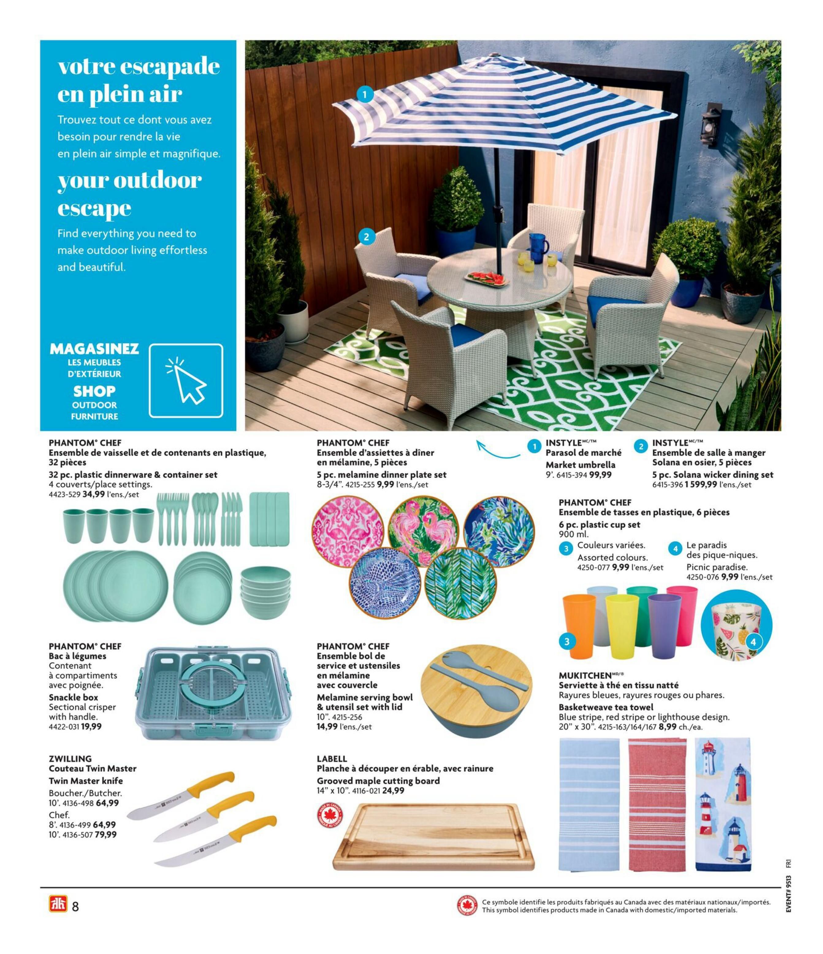 Home Hardware flyer page 9 features outdoor living essentials. Products include a 32-piece Phantom Chef plastic dinnerware & container set for $34.99, a 5-piece Phantom Chef melamine dinner plate set for $9.99, and a 6-piece Phantom Chef plastic cup set for $9.99. Also available are a Phantom Chef sectional crisper with handle for $19.99, a Zwilling Twin Master 10' Butcher knife for $64.99, and a Zwilling Twin Master Chef knife for $79.99. Other items include a Phantom Chef melamine serving bowl & utensil set with lid for $14.99, and a Labell 14' x 10' grooved maple cutting board for $24.99. For sale are InStyle market umbrellas for $99.99 and InStyle Solana wicker dining sets for $1,599.99. Additionally, find 4-piece picnic paradise sets for $9.99 and Mukitchen Basketweave tea towels in blue stripe, red stripe, or lighthouse design for $8.99 each.
