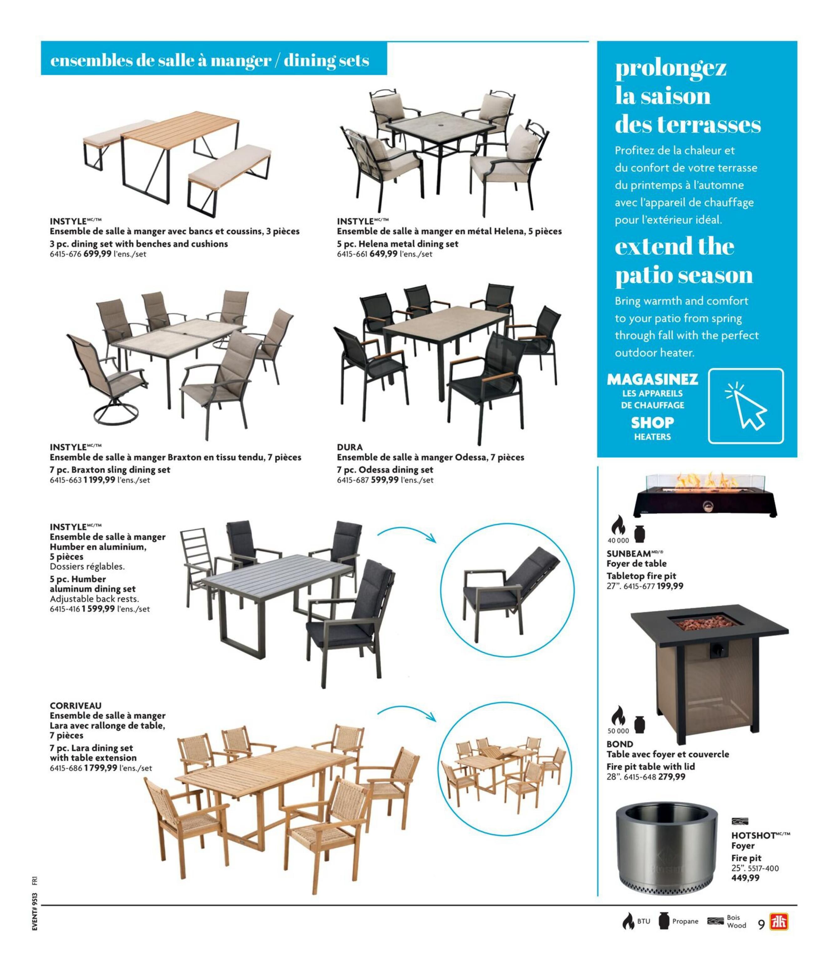 Home Hardware flyer page 10 features dining sets and patio heaters. Dining sets include the INSTYLE 3-piece dining set with benches and cushions for $699.99, the INSTYLE 5-piece Helena metal dining set for $649.99, the INSTYLE 7-piece Braxton sling dining set for $1,199.99, the INSTYLE 5-piece Humber aluminum dining set with adjustable back rests for $1,599.99, the DUR A 7-piece Odessa dining set for $599.99, and the CORRIVEAU 7-piece Lara dining set with table extension for $1,799.99. Also featured are the SUNBEAM tabletop fire pit with lid for $199.99 and the HOTSHOT fire pit for $449.99. A section titled 'Extend the patio season' promotes outdoor heaters.