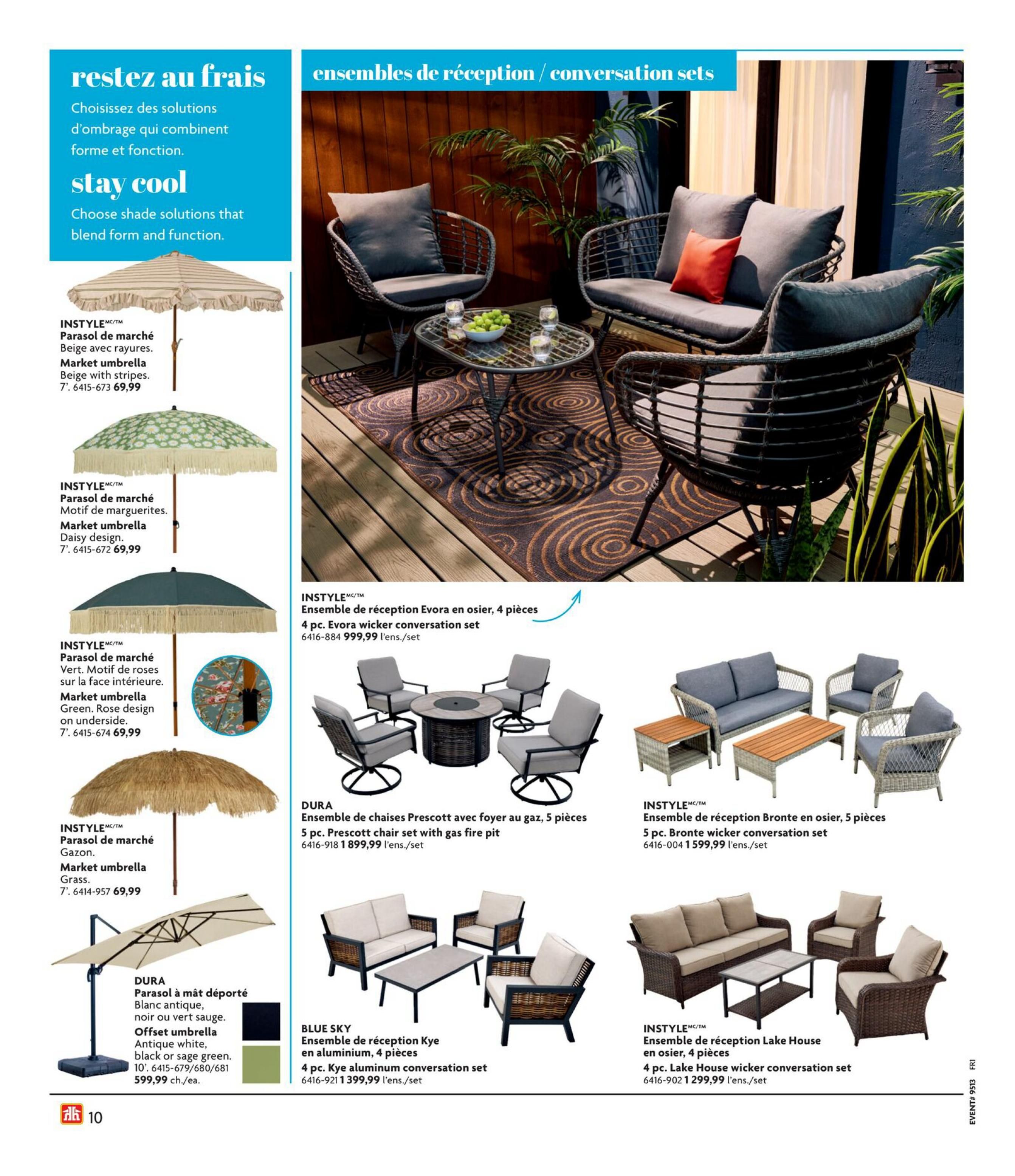 Home Hardware flyer page 11 features outdoor living solutions. Stay cool with shade solutions that blend form and function. Products include INSTYLE Market umbrellas in beige with stripes for $69.99, daisy design for $69.99, and green with rose design for $69.99. Also available is a grass-style market umbrella for $69.99. Shade options include a DURA offset umbrella in antique white, black, or sage green for $599.99 each. Conversation sets include the INSTYLE 4 pc. Evora wicker set for $999.99, the DURA 5 pc. Prescott chair set with gas fire pit for $1,899.99, the INSTYLE 5 pc. Bronte wicker set for $1,599.99, the BLUE SKY 4 pc. Kye aluminum conversation set for $1,399.99, and the INSTYLE 4 pc. Lake House wicker conversation set for $1,299.99.