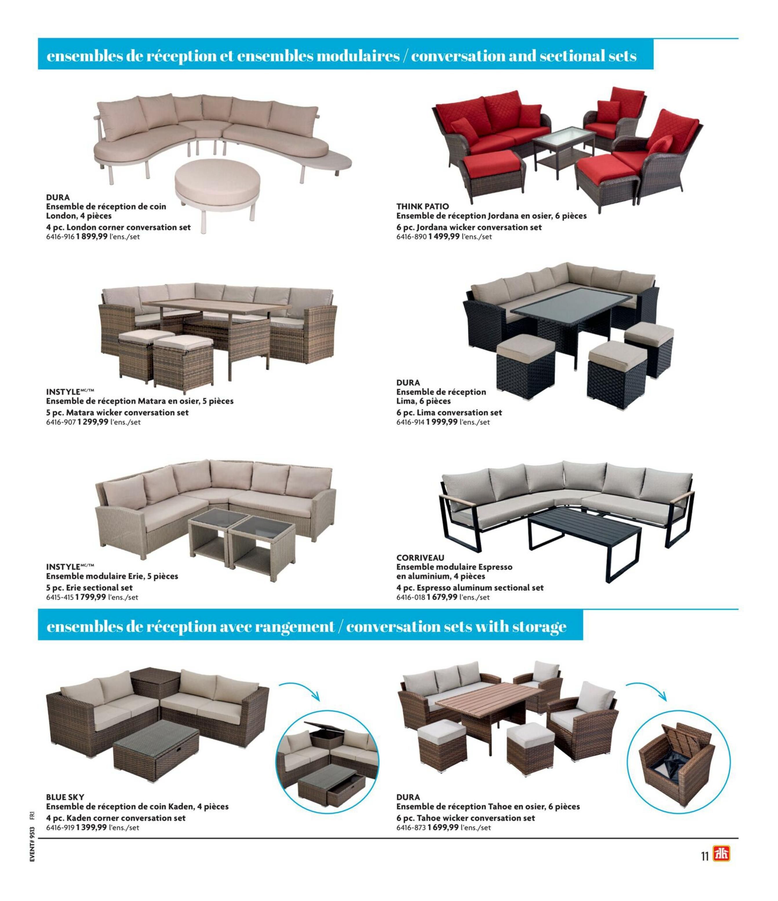 Home Hardware flyer page 12 features a selection of outdoor conversation and sectional sets. Top left: DURA 4-piece London corner conversation set for $1,899.99. Top right: THINK PATIO 6-piece Jordana wicker conversation set for $1,499.99. Middle left: INSTYLE 5-piece Matara wicker conversation set for $1,299.99. Middle right: DURA 6-piece Lima conversation set for $1,999.99. Bottom left: INSTYLE 5-piece Erie sectional set for $1,799.99. Bottom right: CORRIVEAU 4-piece Espresso aluminum sectional set for $1,679.99. The lower section highlights conversation sets with storage: BLUE SKY 4-piece Kaden corner conversation set for $1,399.99 and DURA 6-piece Tahoe wicker conversation set for $1,699.99.