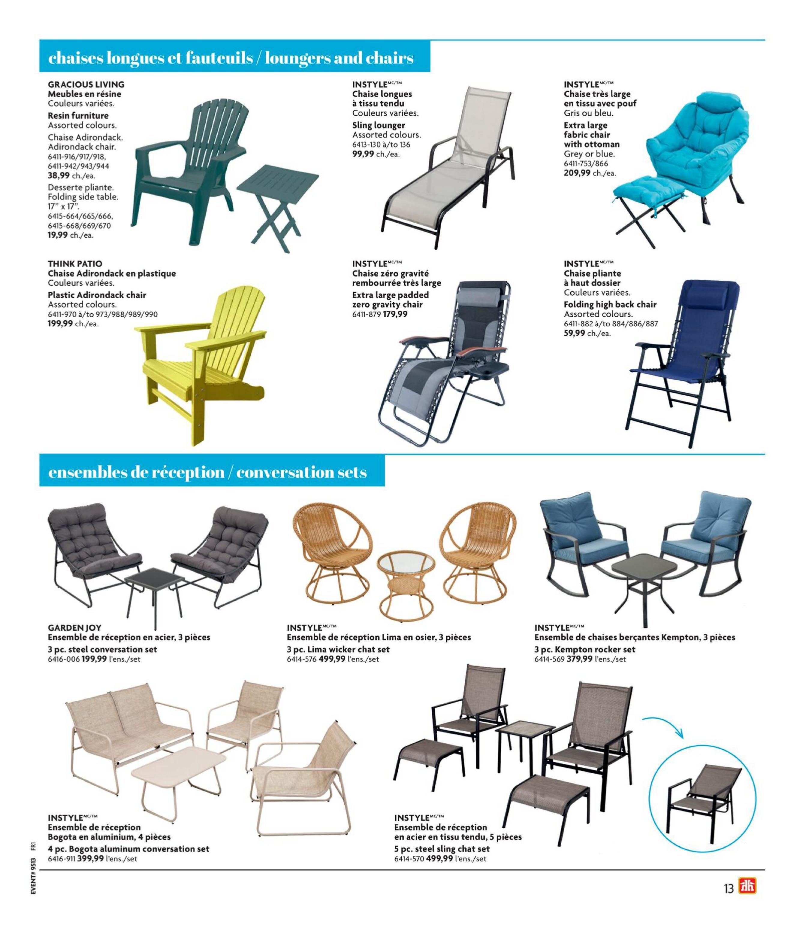 Home Hardware flyer page 14 features outdoor furniture. Top section showcases loungers and chairs: Gracious Living resin furniture in assorted colours, including an Adirondack chair for $38.99 and a folding side table for $19.99. Think Patio plastic Adirondack chair in assorted colours is $199.99. Instyle sling lounger in assorted colours is $99.99. Instyle extra large padded zero gravity chair is $179.99. Instyle extra large fabric chair with ottoman in grey or blue is $209.99. Instyle folding high back chair in assorted colours is $59.99. The bottom section highlights conversation sets: Garden Joy 3 pc. steel conversation set is $199.99. Instyle 3 pc. Lima wicker chat set is $499.99. Instyle 3 pc. Kempton rocker set is $379.99. Instyle 4 pc. Bogota aluminum conversation set is $399.99. Instyle 5 pc. steel sling chat set is $499.99.