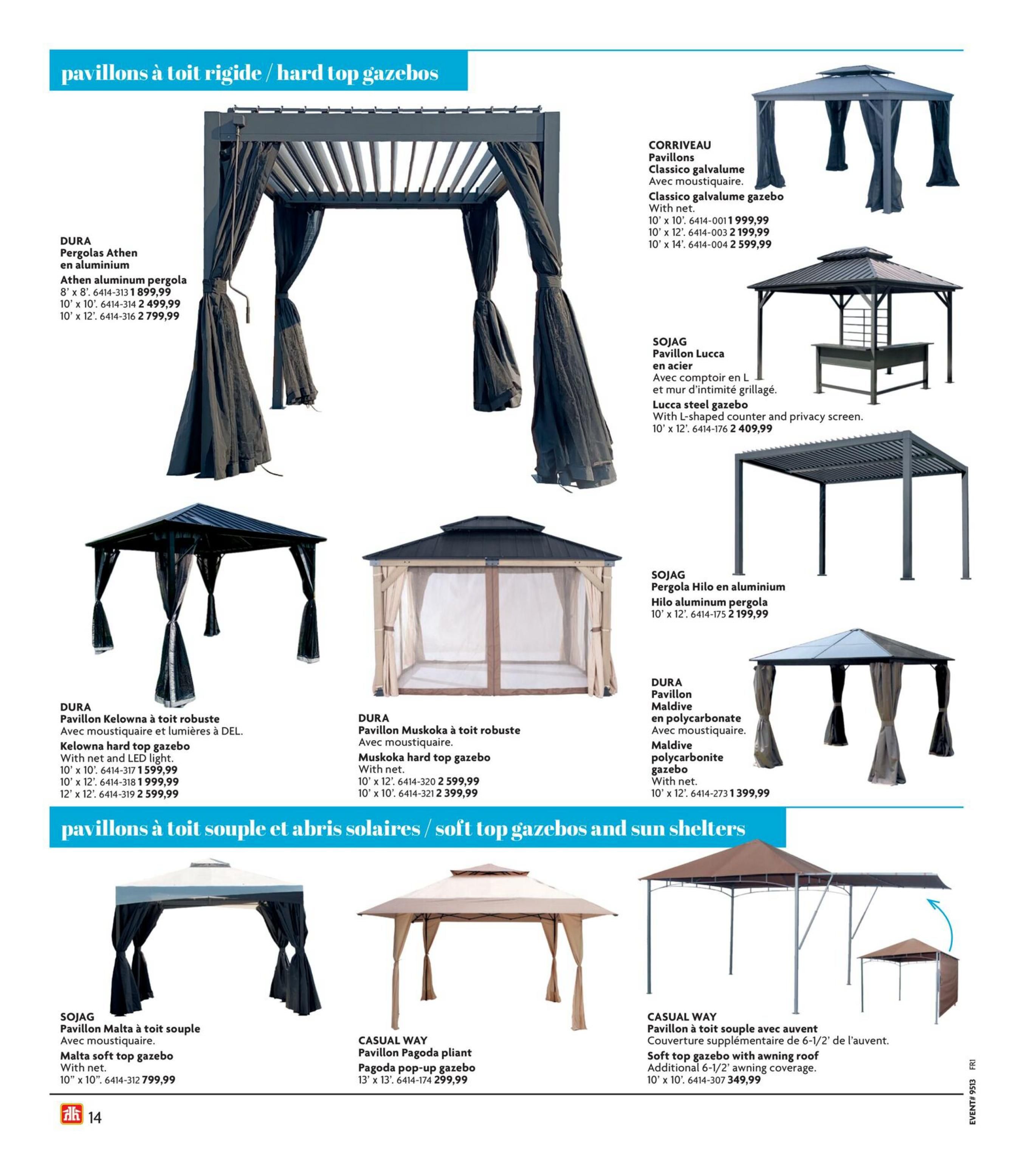 Home Hardware flyer page featuring hard top gazebos and soft top gazebos and sun shelters. Products include the DURA Pergolas Athen aluminum pergola starting at $1,899.99, CORRIVEAU Classico galvalume gazebo with net starting at $1,999.99, SOJAG Lucca steel gazebo with L-shaped counter and privacy screen for $2,409.99, DURA Kelowna hard top gazebo with net and LED light starting at $1,599.99, DURA Muskoka hard top gazebo with net starting at $2,599.99, SOJAG Hilo aluminum pergola for $2,199.99, and DURA Maldives polycarbonate gazebo with net for $1,399.99. Soft top gazebos and sun shelters include the SOJAG Malta soft top gazebo with net for $799.99, CASUAL WAY Pagoda pop-up gazebo for $299.99, and CASUAL WAY soft top gazebo with awning roof for $349.99.