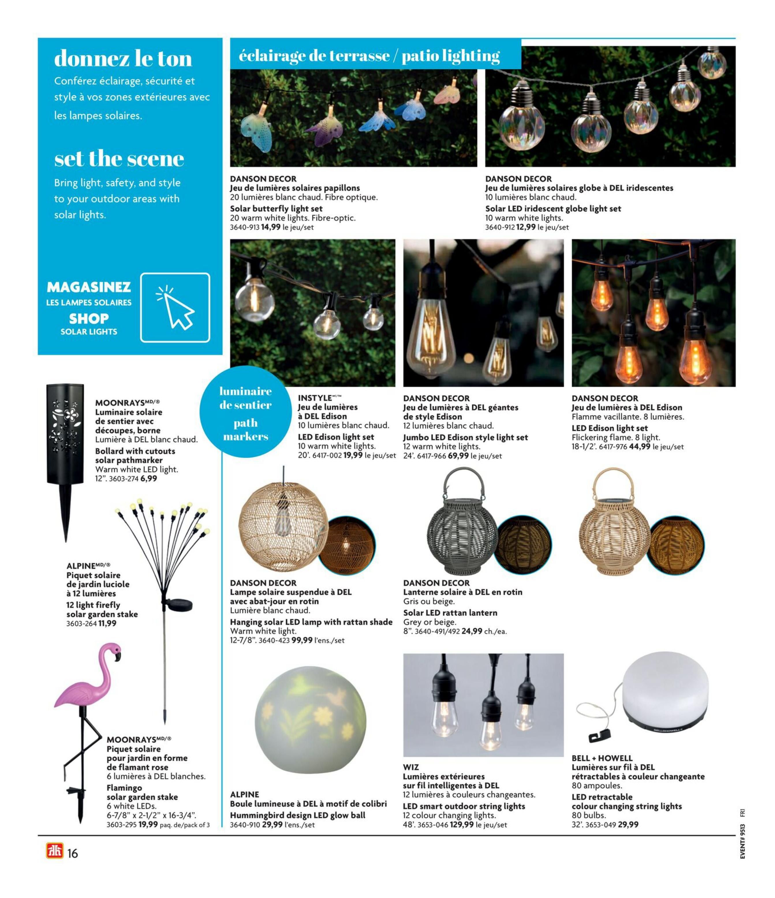Home Hardware flyer page featuring outdoor solar lighting. Includes DANSON DECOR Solar butterfly light set for $14.99, DANSON DECOR Solar LED iridescent globe light set for $12.99, MOONRAYS solar pathmarker bollard with cutouts for $6.99, ALPINE 12 light firefly solar garden stake for $11.99, MOONRAYS solar garden stake in flamingo shape with 6 white LEDs for $19.99 (pack of 3). Also features INSTYLE LED Edison light set for $19.99, DANSON DECOR Jumbo LED Edison style light set for $69.99, DANSON DECOR Flickering flame LED Edison light set for $44.99. Decorative lanterns include DANSON DECOR hanging solar LED lamp with rattan shade for $99.99, DANSON DECOR Solar LED rattan lantern in grey or beige for $24.99 each. ALPINE Hummingbird design LED glow ball for $29.99. WIZ LED smart outdoor string lights with 12 colour changing lights for $129.99. BELL + HOWELL LED retractable colour changing string lights with 80 bulbs for $29.99.