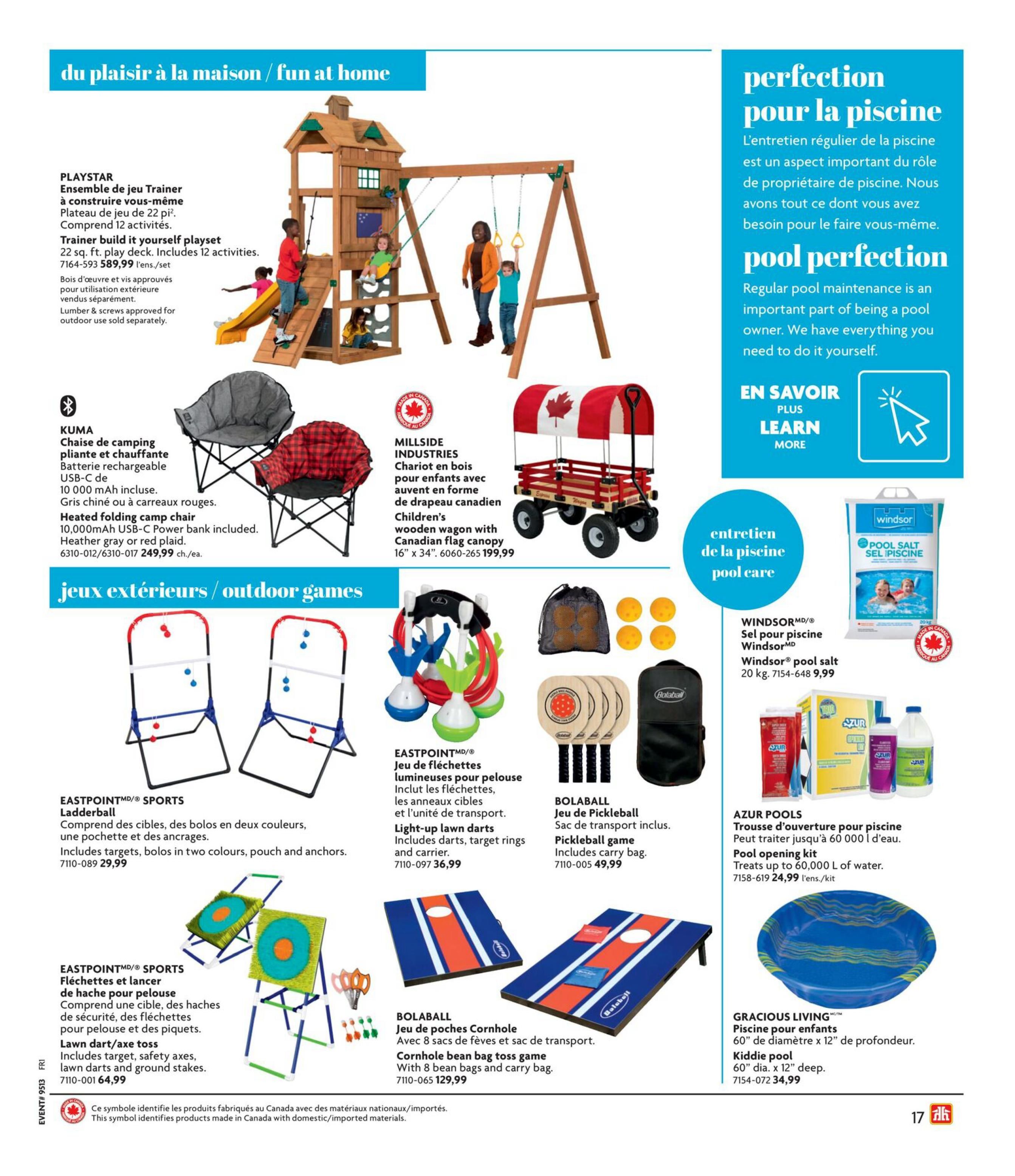 Home Hardware flyer page featuring outdoor games and pool supplies. The page highlights the PLAYSTAR Trainer build-it-yourself playset for $589.99. Also featured are KUMA heated folding camp chairs in heather gray or red plaid for $249.99 each, and a MILLSIDE INDUSTRIES children's wooden wagon with a Canadian flag canopy for $199.99. Outdoor games include EASTPOINT Sports Ladderball for $29.99, EASTPOINT Sports Light-up lawn darts for $36.99, and EASTPOINT Sports Lawn dart/axe toss for $64.99. BOLABALL offers a Pickleball game with carry bag for $49.99 and a Cornhole bean bag toss game with carry bag for $129.99. For pool care, there's WINDSOR pool salt for $9.99, AZUR POOLS Pool opening kit for $24.99, and a GRACIOUS LIVING kiddie pool (60' dia. x 12' deep) for $34.99. The page also includes a section on 'Pool Perfection' for regular pool maintenance.