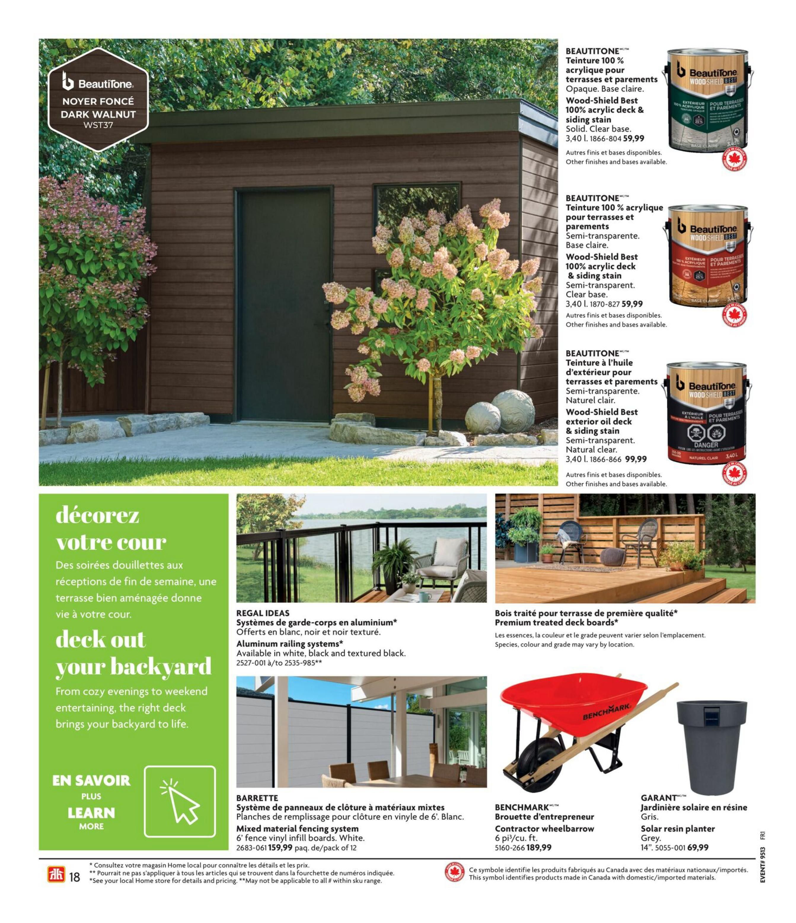 Home Hardware flyer page 19 features outdoor living inspiration and products. The page highlights Beautitone Wood-Shield Best 100% acrylic deck & siding stain in Opaque, Clear base for $59.99 and Semi-transparent, Clear base for $59.99. It also showcases Regal Ideas aluminum railing systems available in white, black, and textured black, with product codes 2527-001 to 2535-985. Barrette mixed material fencing system with 6' fence vinyl infill boards in white is priced at $159.99 per pack of 12. The page promotes 'Deck out your backyard' with ideas for outdoor spaces. Additionally, it features Benchmark contractor wheelbarrow for $189.99 and Garant solar resin planter in grey for $69.99.