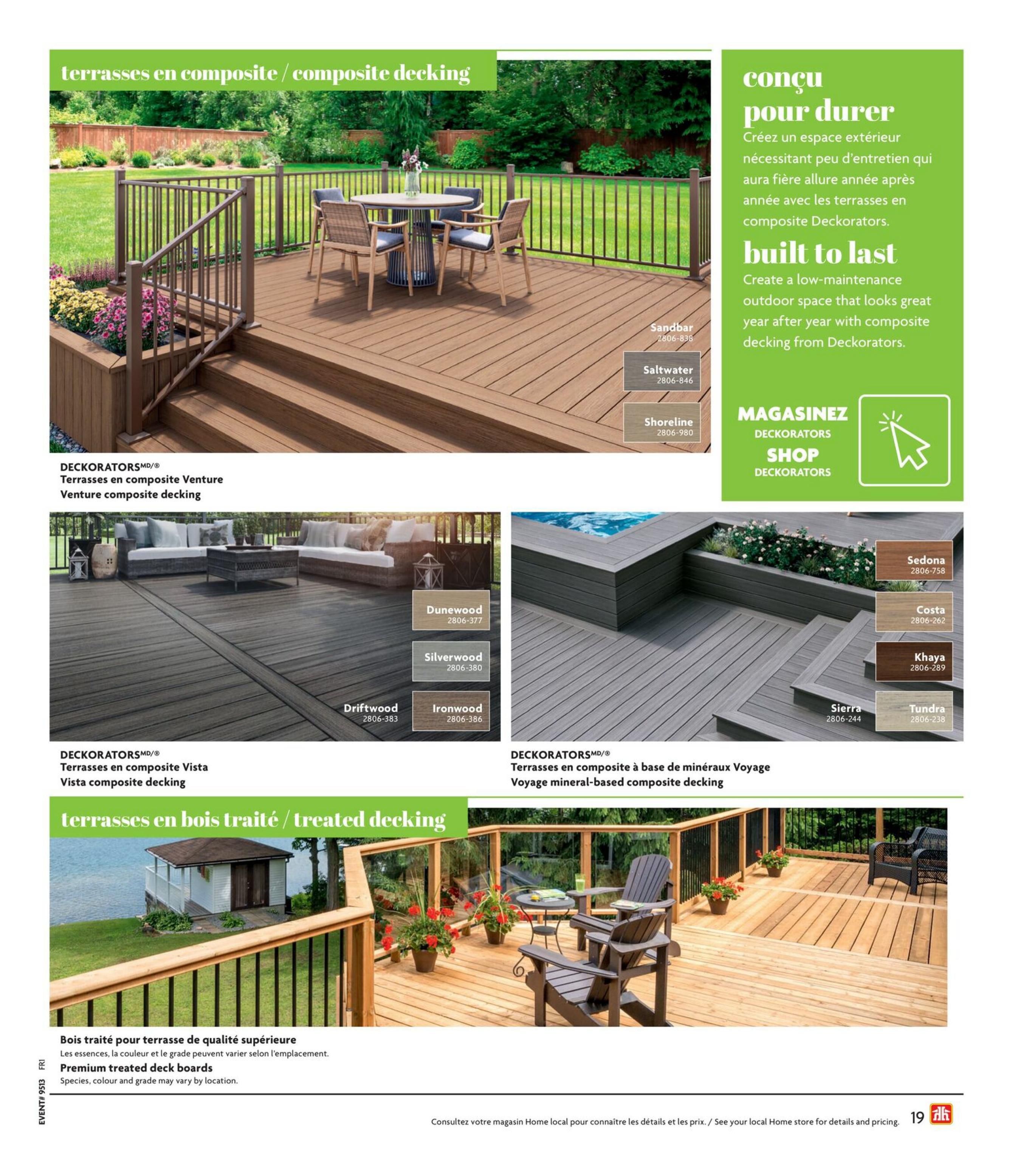 Home Hardware flyer page 20 features Deckorators composite decking and treated wood decking. The page showcases various composite decking styles including Venture, Vista, and Voyage mineral-based composite decking. Available colours for Venture decking are Sandbar, Saltwater, and Shoreline. Vista decking colours include Dunewood, Silverwood, Driftwood, and Ironwood. Voyage mineral-based composite decking is shown in Sedona, Costa, Khaya, Sierra, and Tundra. The page also highlights premium treated deck boards, noting that species, colour, and grade may vary by location. A section titled 'Built to Last' emphasizes creating a low-maintenance outdoor space with Deckorators composite decking. Customers are encouraged to shop Deckorators and consult their local Home Hardware store for details and pricing.