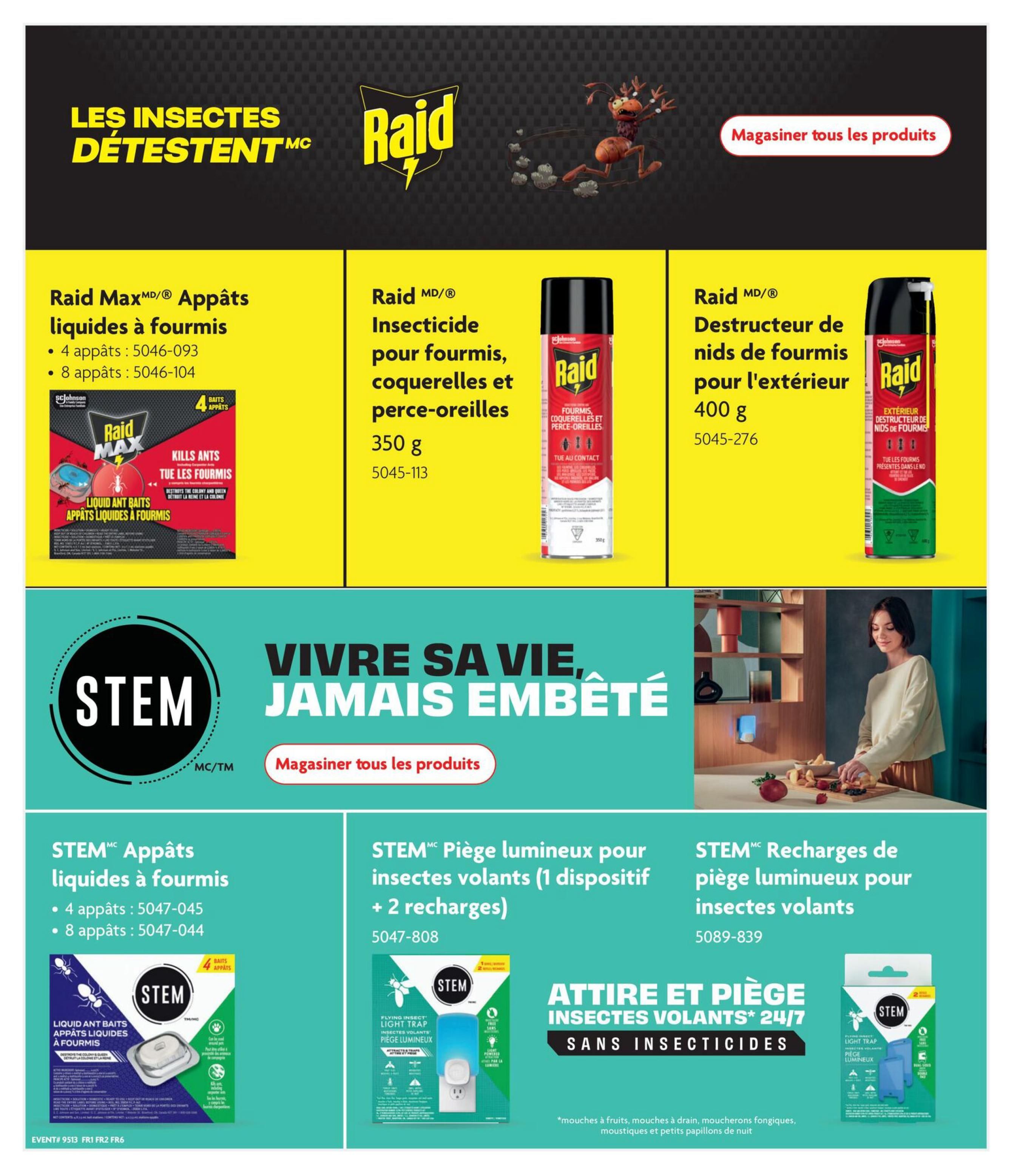 Home Hardware flyer page 23 features pest control products. Top section showcases Raid products: Raid Max liquid ant baits in 4-count and 8-count packs, Raid insecticide for ants, roaches, and earwigs (350g), and Raid outdoor ant nest destroyer (400g). The bottom section highlights STEM products: STEM liquid ant baits in 4-count and 8-count packs, STEM flying insect light trap with 1 device and 2 refills, and STEM refills for flying insect light traps. A large graphic reads 'Live your life, never bothered' with a call to action to shop all products. A note at the bottom specifies the types of insects targeted: fruit flies, drain flies, fungus gnats, mosquitoes, and small moths.