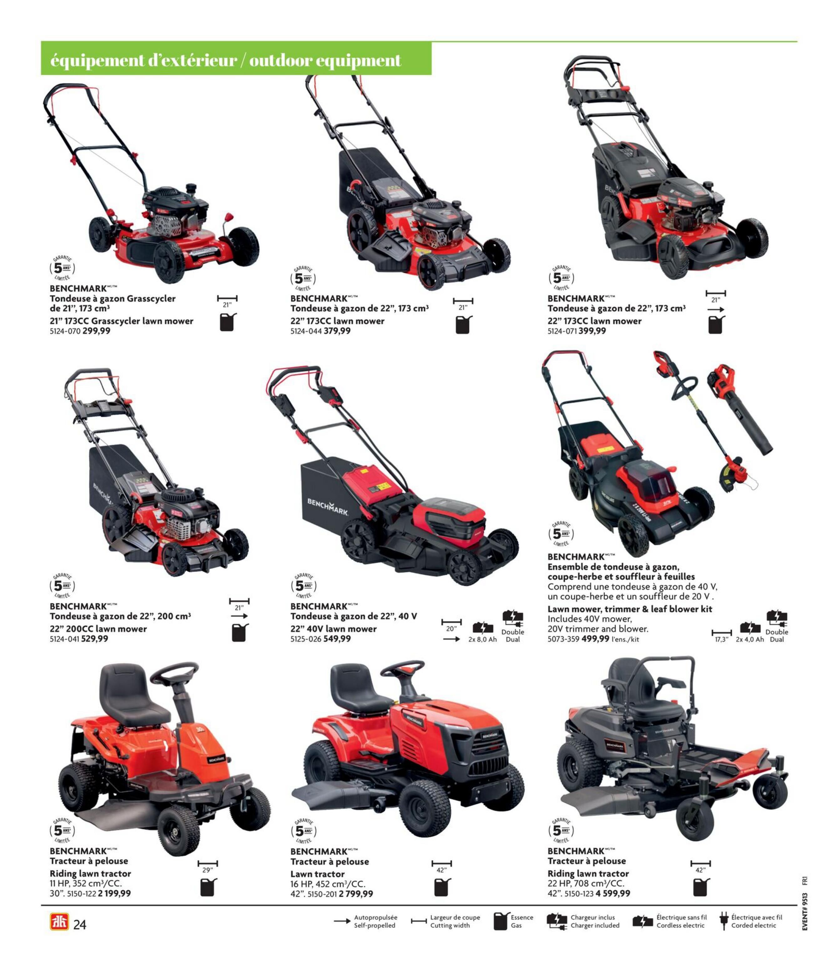 Home Hardware flyer page 26 features outdoor equipment. Products include BENCHMARK Grasscycler lawn mowers: 21' 173CC for $299.99, 22' 173CC for $379.99, and 22' 173CC for $399.99. Also available is a 22' 200CC lawn mower for $529.99 and a 22' 40V lawn mower for $549.99. A BENCHMARK lawn mower, trimmer & leaf blower kit with 40V mower and 20V trimmer and blower is priced at $499.99. Riding lawn tractors include a 11 HP, 352 cm³ 30' model for $2,199.99, a 16 HP, 452 cm³ 42' model for $2,799.99, and a 22 HP, 708 cm³ 42' model for $4,599.99. All featured BENCHMARK products come with a 5-year limited warranty.